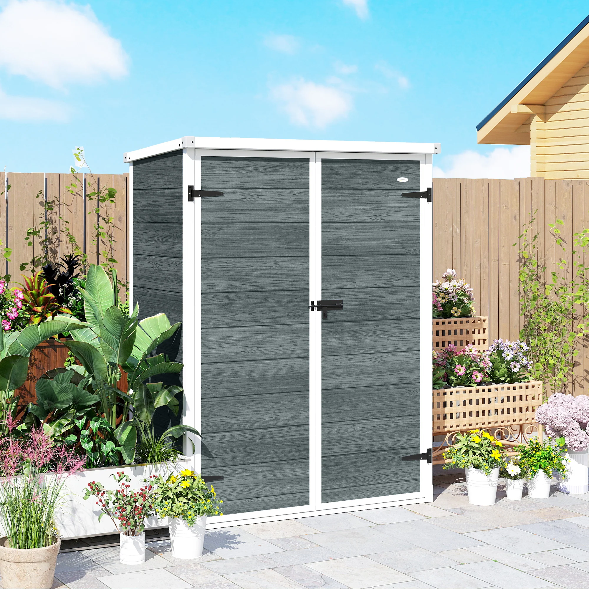 Outdoor 4.4' x 2.3' Plastic Storage Shed with Lockable Doors and Foldable Shelves, Wood-Effect Garden Shed, Grey - Image 11