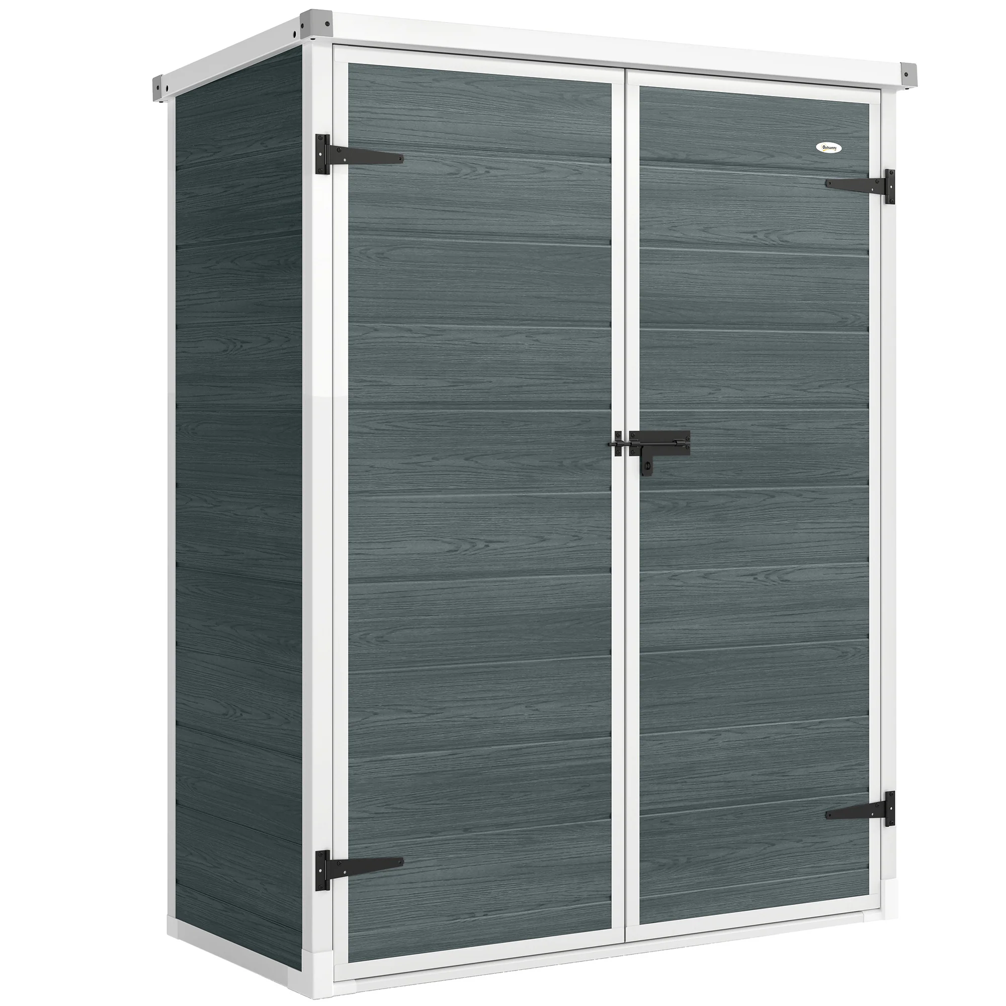 Outdoor 4.4' x 2.3' Plastic Storage Shed with Lockable Doors and Foldable Shelves, Wood-Effect Garden Shed, Grey - Image 12