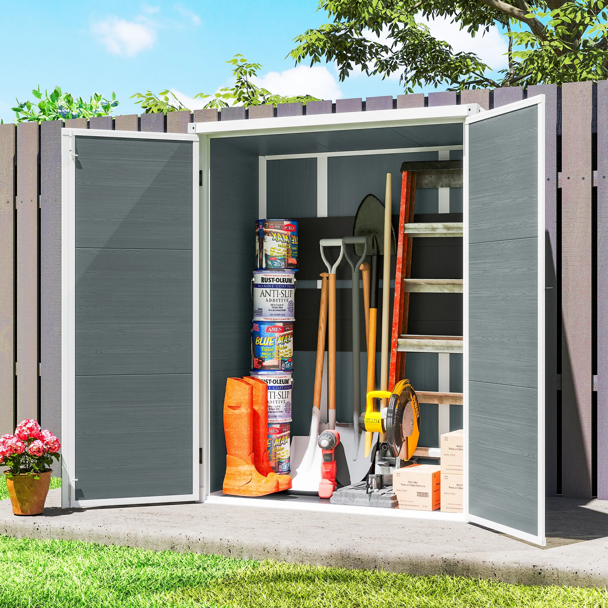 Outdoor 4.4' x 2.3' Plastic Storage Shed with Lockable Doors and Foldable Shelves, Wood-Effect Garden Shed, Grey - Image 4