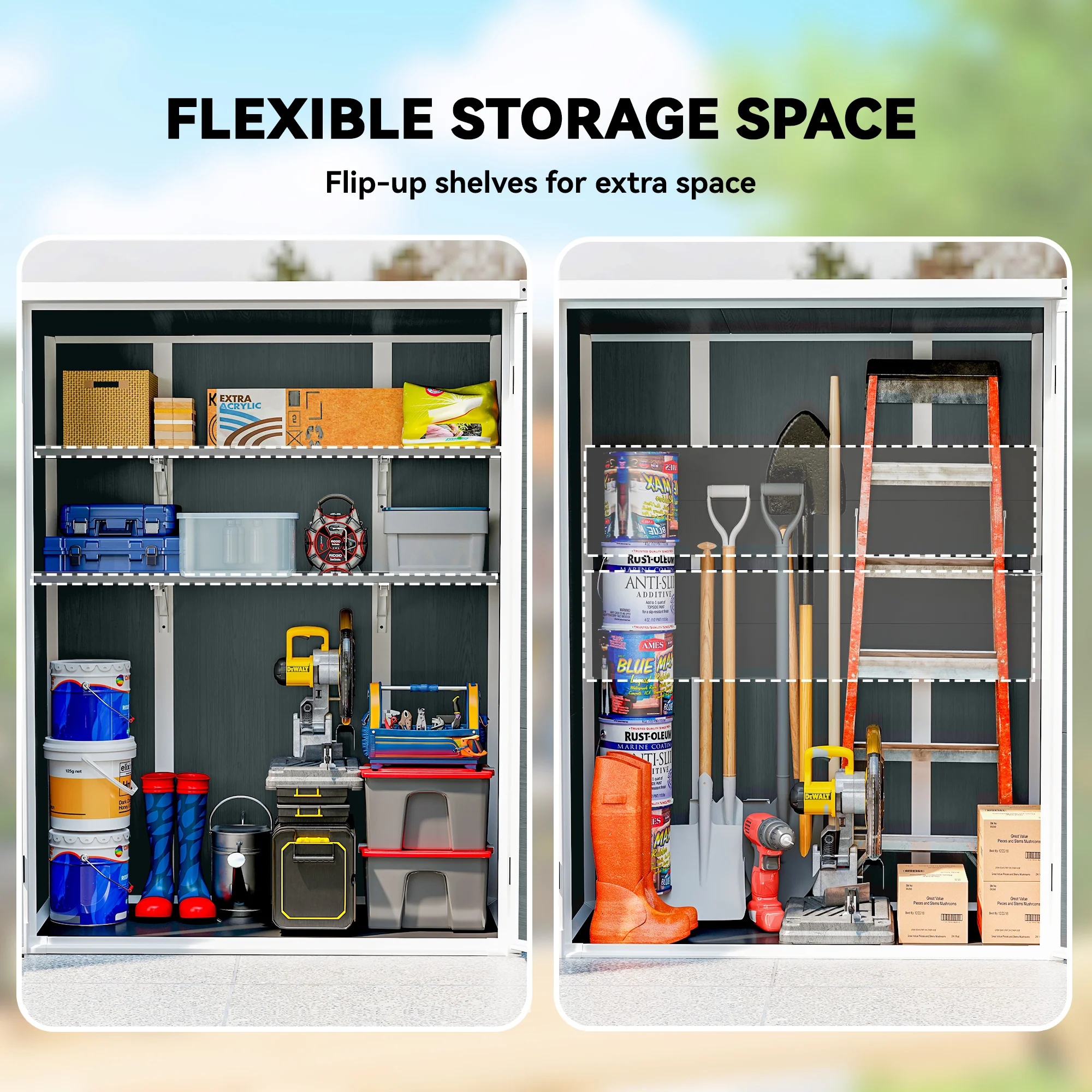 Outdoor 4.4' x 2.3' Plastic Storage Shed with Lockable Doors and Foldable Shelves, Wood-Effect Garden Shed, Grey - Image 6