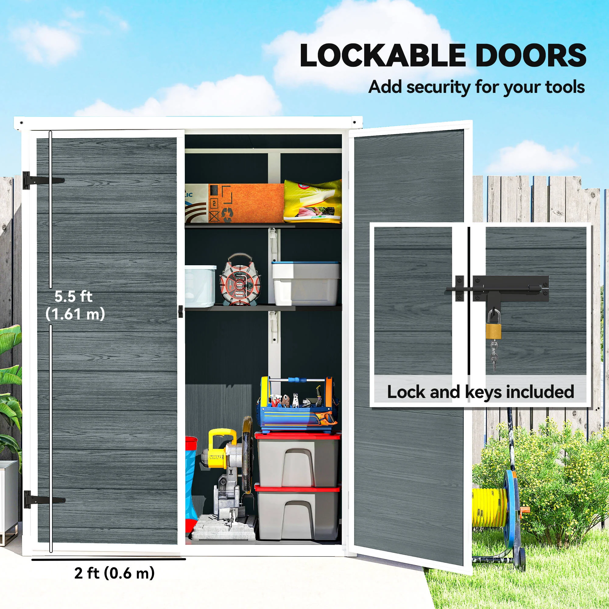 Outdoor 4.4' x 2.3' Plastic Storage Shed with Lockable Doors and Foldable Shelves, Wood-Effect Garden Shed, Grey - Image 8