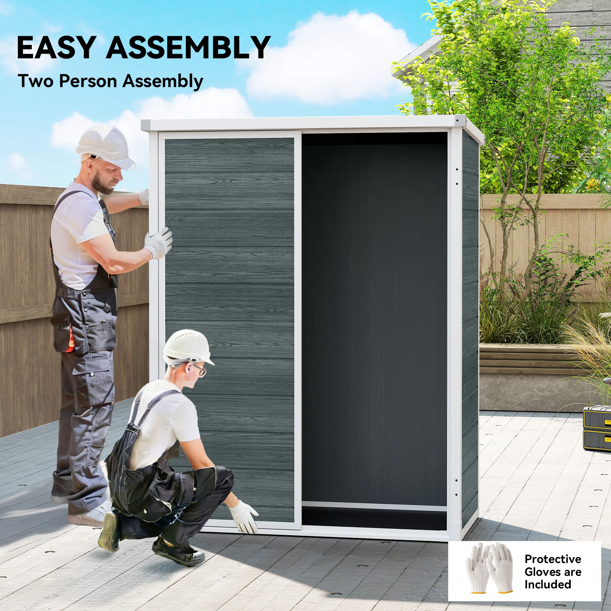 Outdoor 4.4' x 2.3' Plastic Storage Shed with Lockable Doors and Foldable Shelves, Wood-Effect Garden Shed, Grey - Image 9