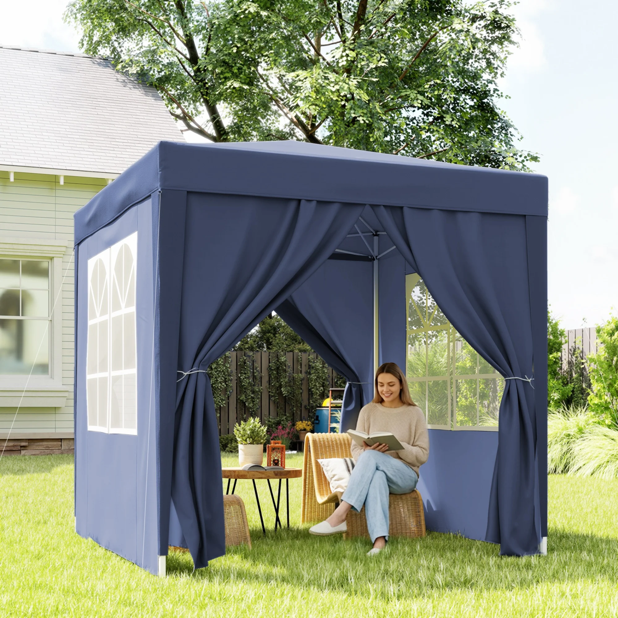 6.6'x6.6' Pop Up Canopy Tent with Sidewalls, Instant Sun Shelter Camping Gazebo with Carry Bag, Blue - Image 11
