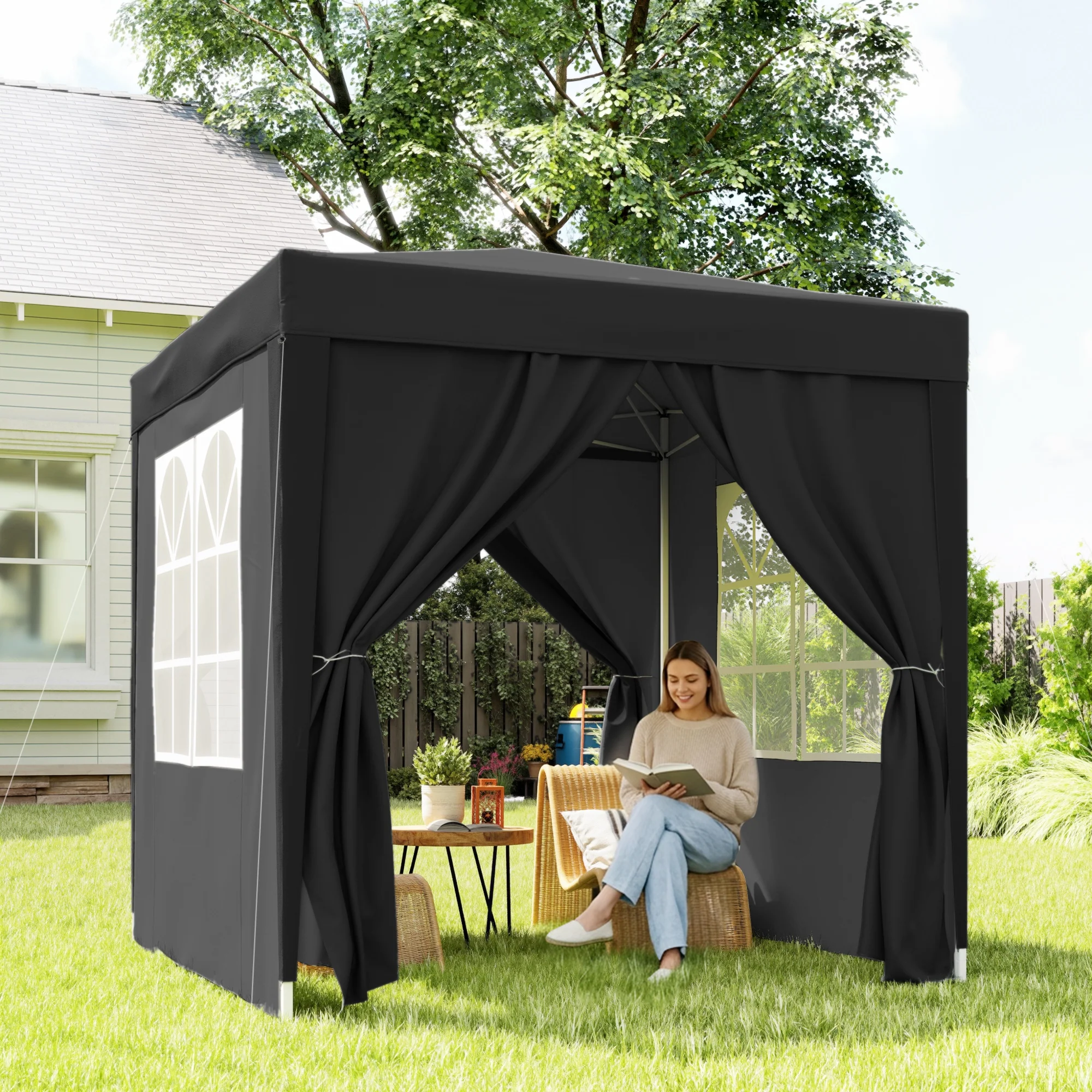 6.6'x6.6' Pop Up Canopy Tent with Sidewalls, Instant Sun Shelter Camping Gazebo with Carry Bag, Black - Image 11