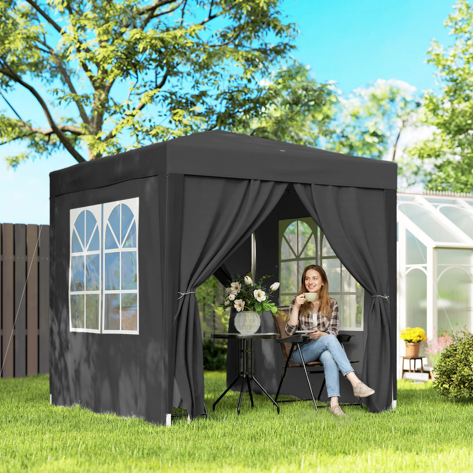6.6'x6.6' Pop Up Canopy Tent with Sidewalls, Instant Sun Shelter Camping Gazebo with Carry Bag, Black - Image 3