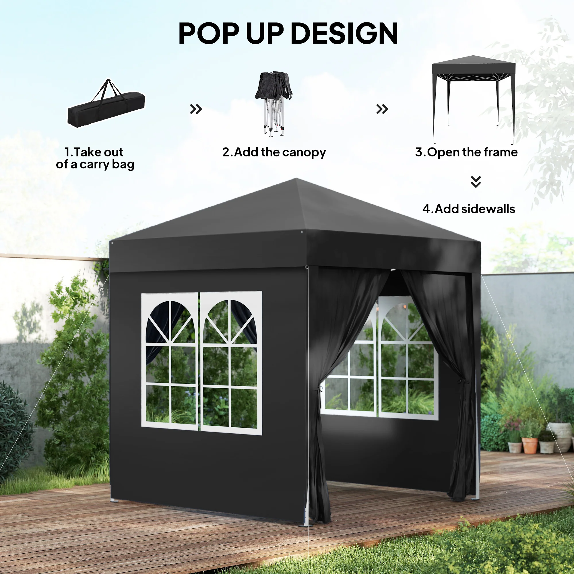 6.6'x6.6' Pop Up Canopy Tent with Sidewalls, Instant Sun Shelter Camping Gazebo with Carry Bag, Black - Image 6