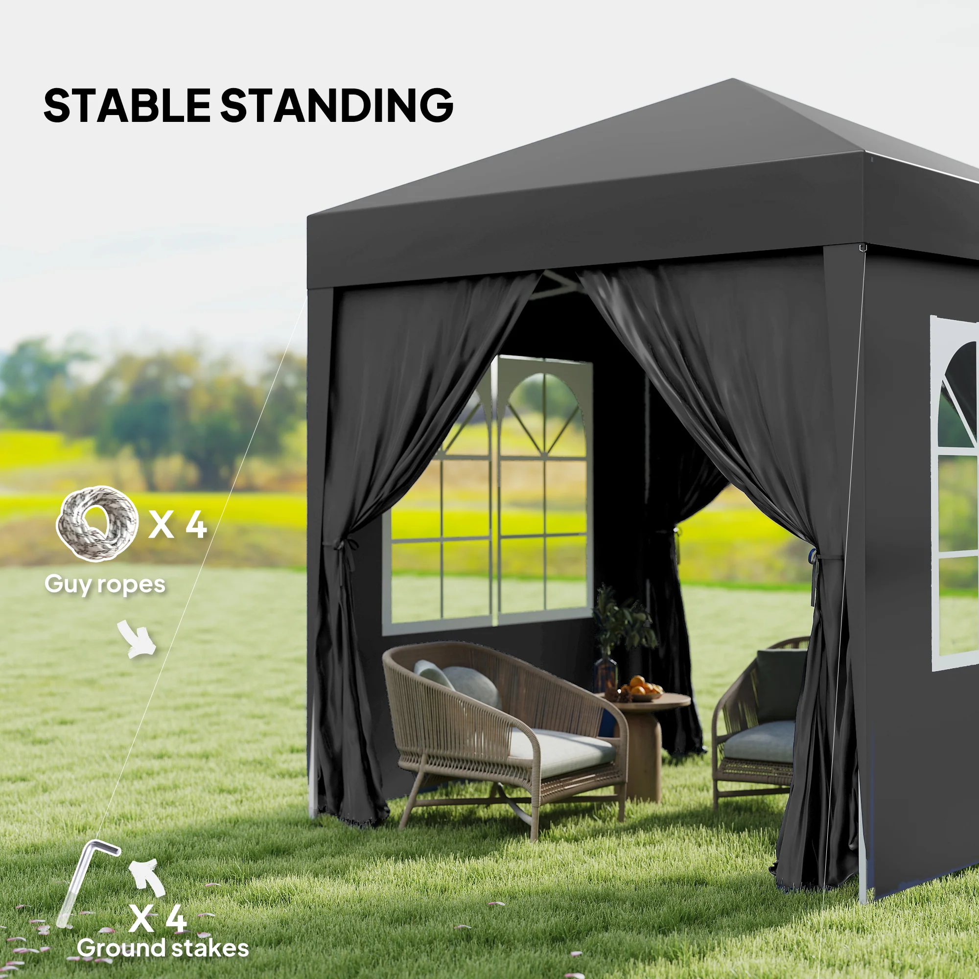 6.6'x6.6' Pop Up Canopy Tent with Sidewalls, Instant Sun Shelter Camping Gazebo with Carry Bag, Black - Image 8