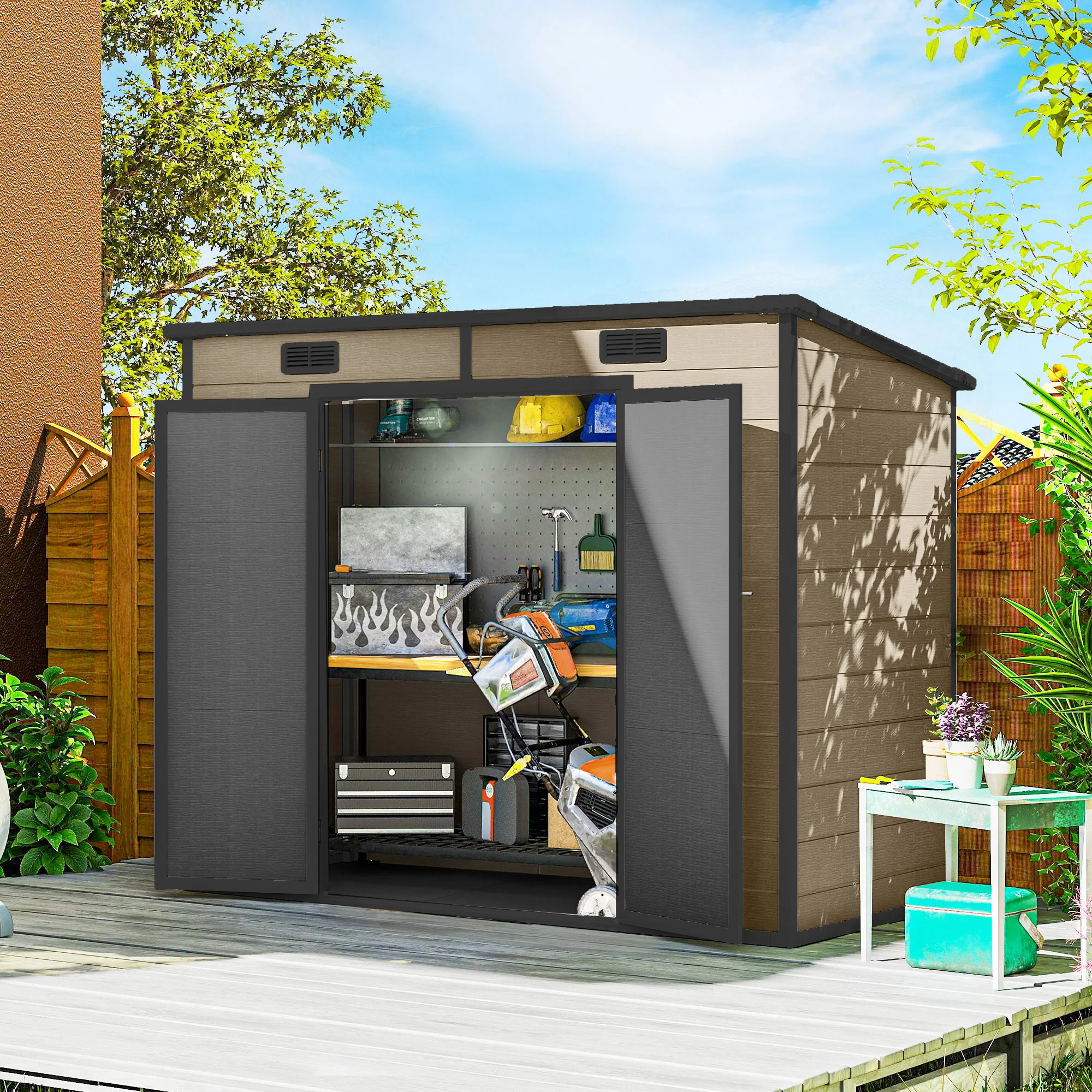 EverBase 8' x 4' Outdoor Storage Shed with Window, Lockable Doors and Vents, Light Brown - Image 3