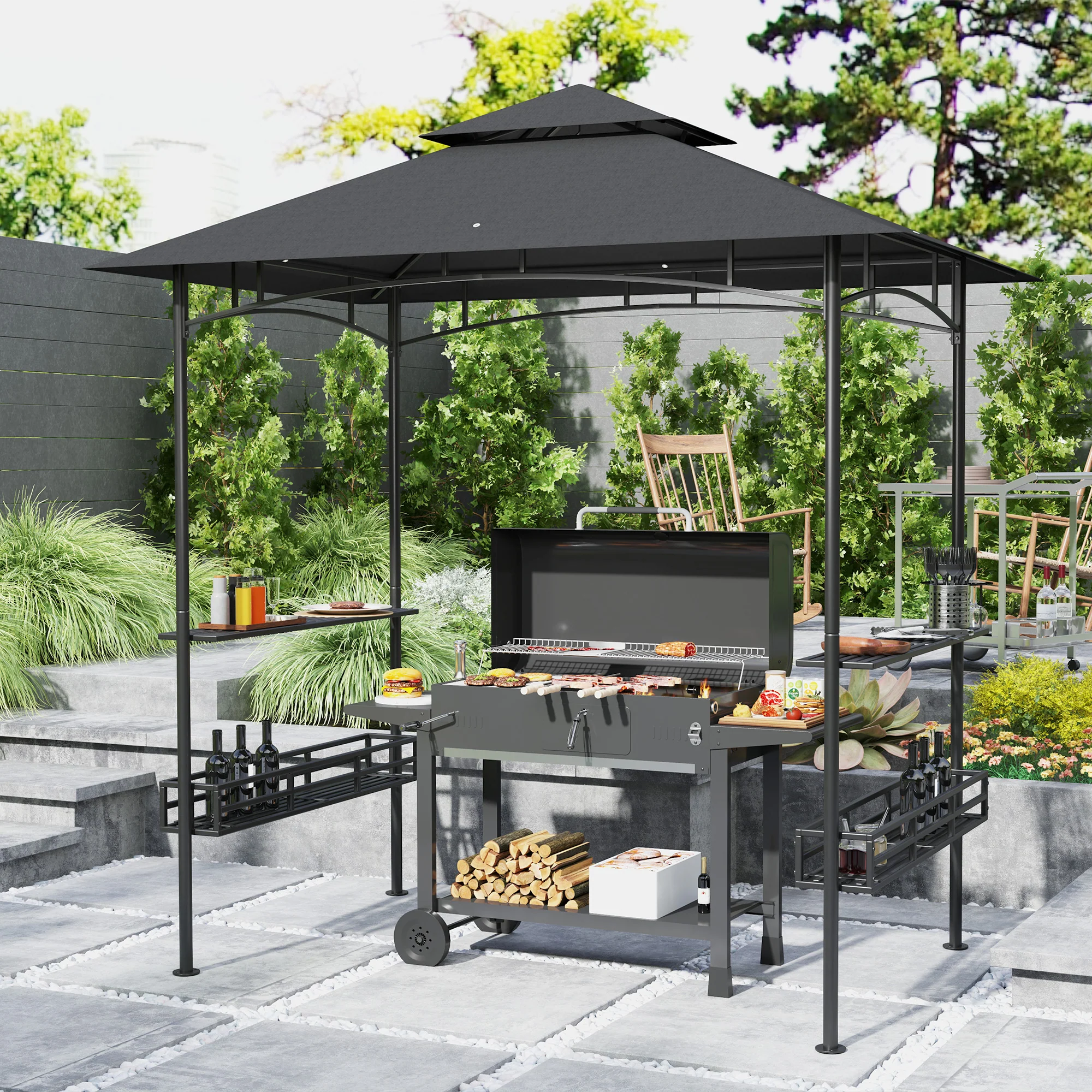 8' x 5' Grill Gazebo, 2-Tier Outdoor BBQ Gazebo with 2 Side Shelves, Storage Baskets and Ceiling Hook for Patio Deck Yard, Dark Gray - Image 3