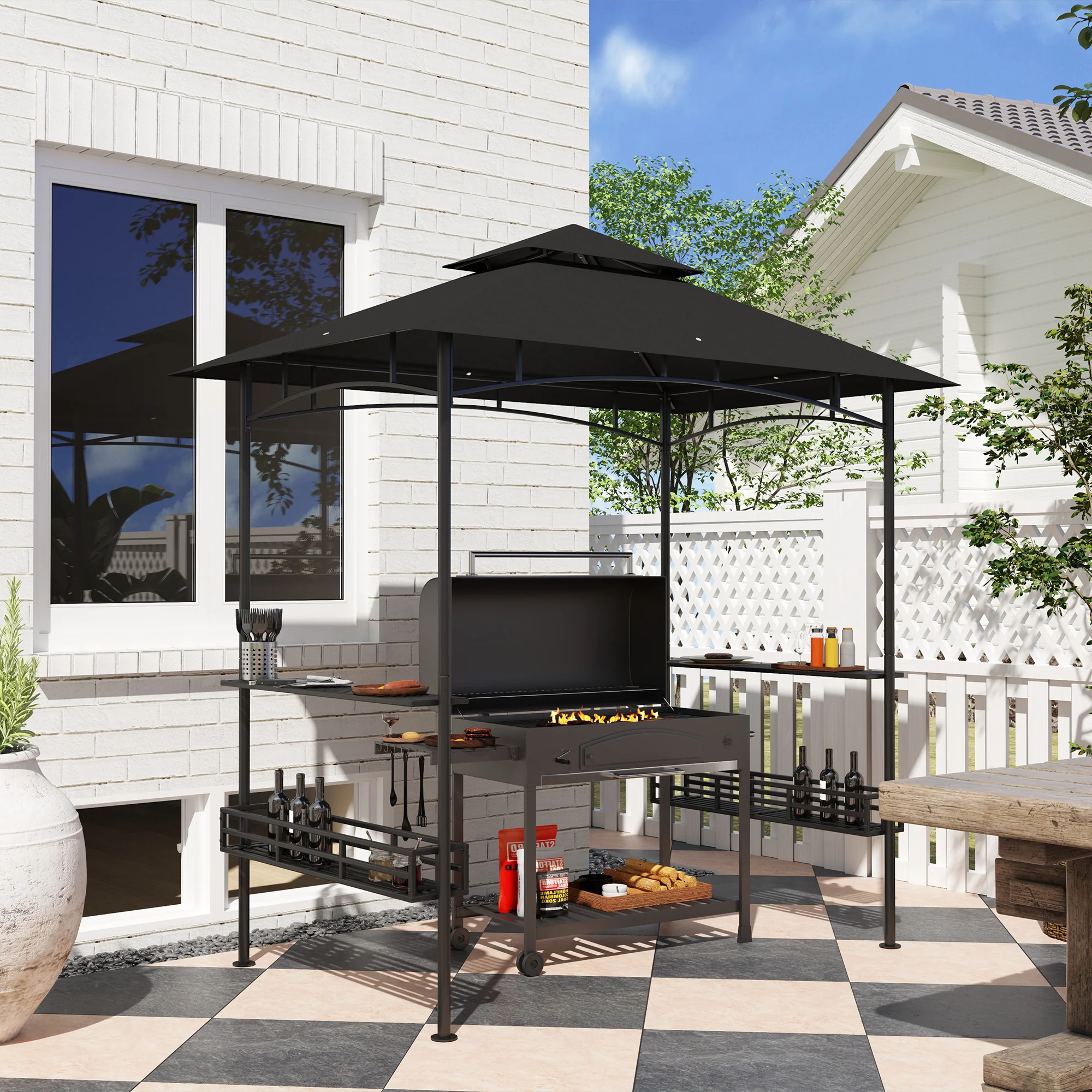 8' x 5' Grill Gazebo, 2-Tier Outdoor BBQ Gazebo with 2 Side Shelves, Storage Baskets and Ceiling Hook for Patio Deck Yard, Dark Gray - Image 4