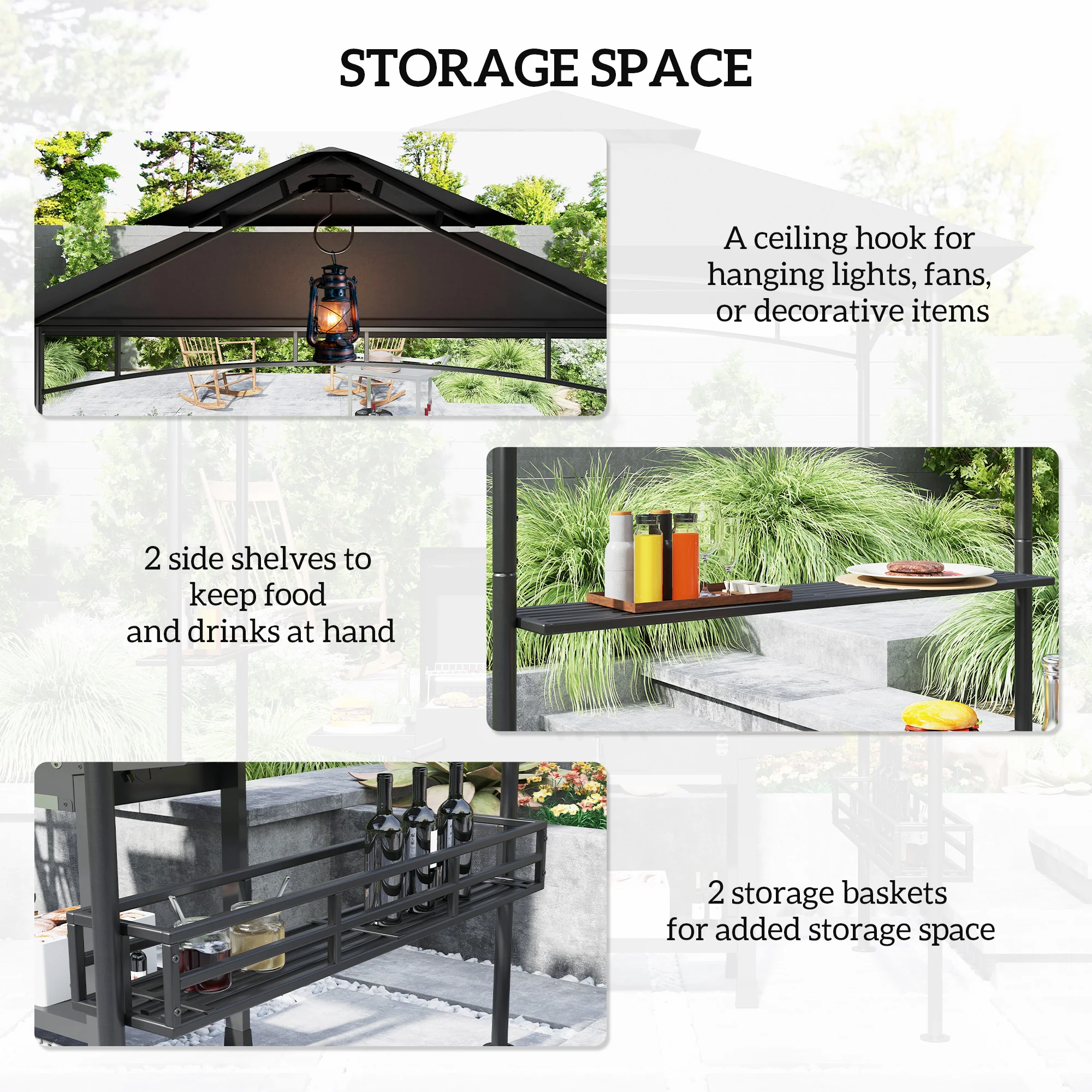 8' x 5' Grill Gazebo, 2-Tier Outdoor BBQ Gazebo with 2 Side Shelves, Storage Baskets and Ceiling Hook for Patio Deck Yard, Dark Gray - Image 7