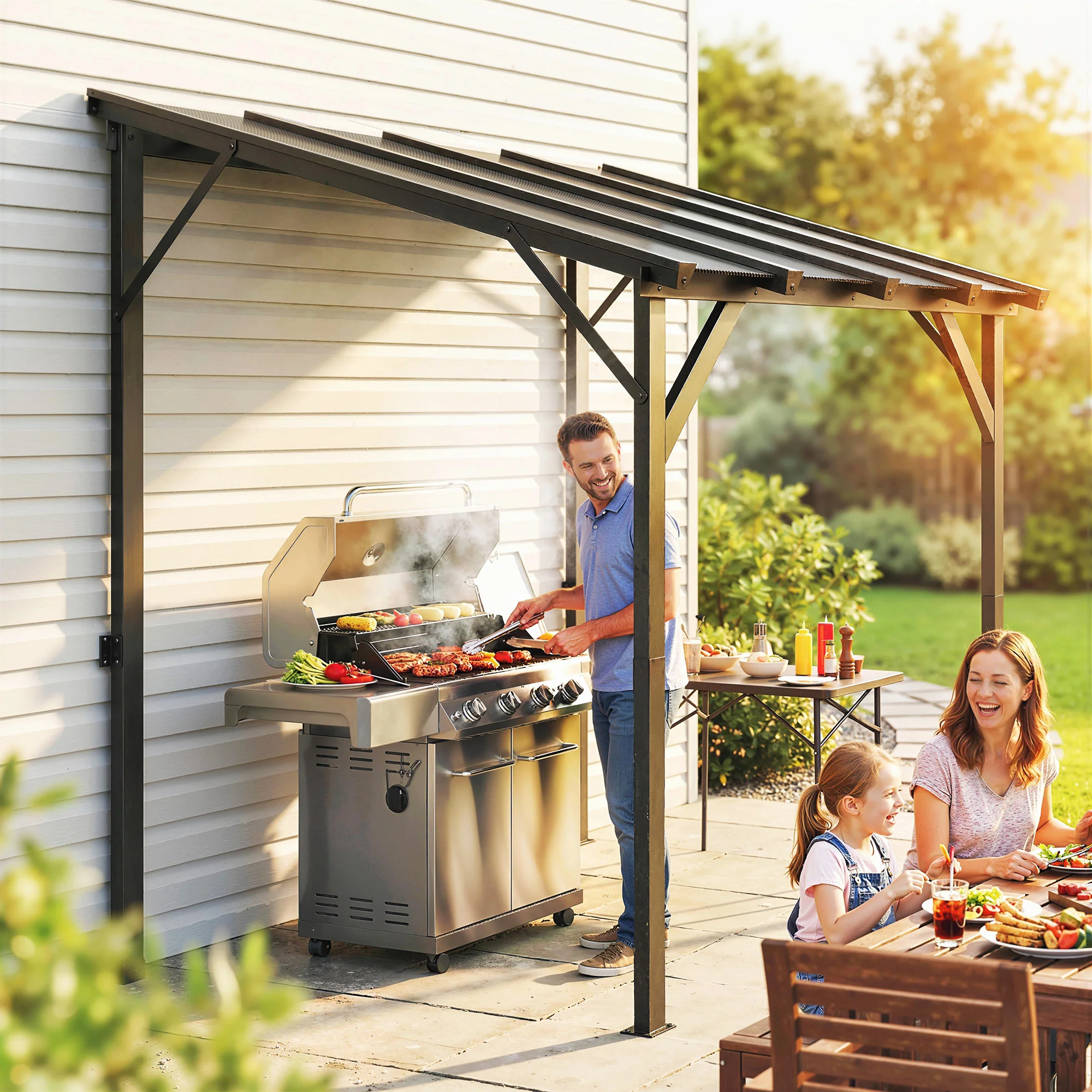 8' x 5' Hardtop Grill Gazebo, Lean-to BBQ Gazebo Shelter, Wall-Mounted Pergola with Polycarbonate Roof and Steel Frame, for Outdoor, Patio, Lawn, Garden, Patio, Backyard - Image 10