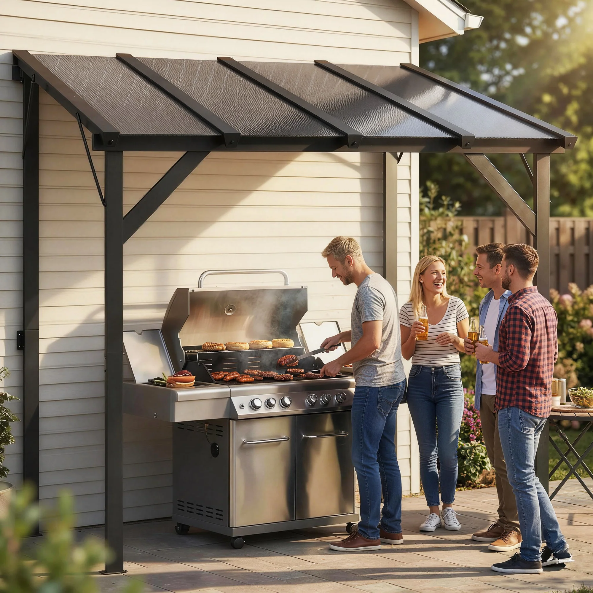 8' x 5' Hardtop Grill Gazebo, Lean-to BBQ Gazebo Shelter, Wall-Mounted Pergola with Polycarbonate Roof and Steel Frame, for Outdoor, Patio, Lawn, Garden, Patio, Backyard - Image 11