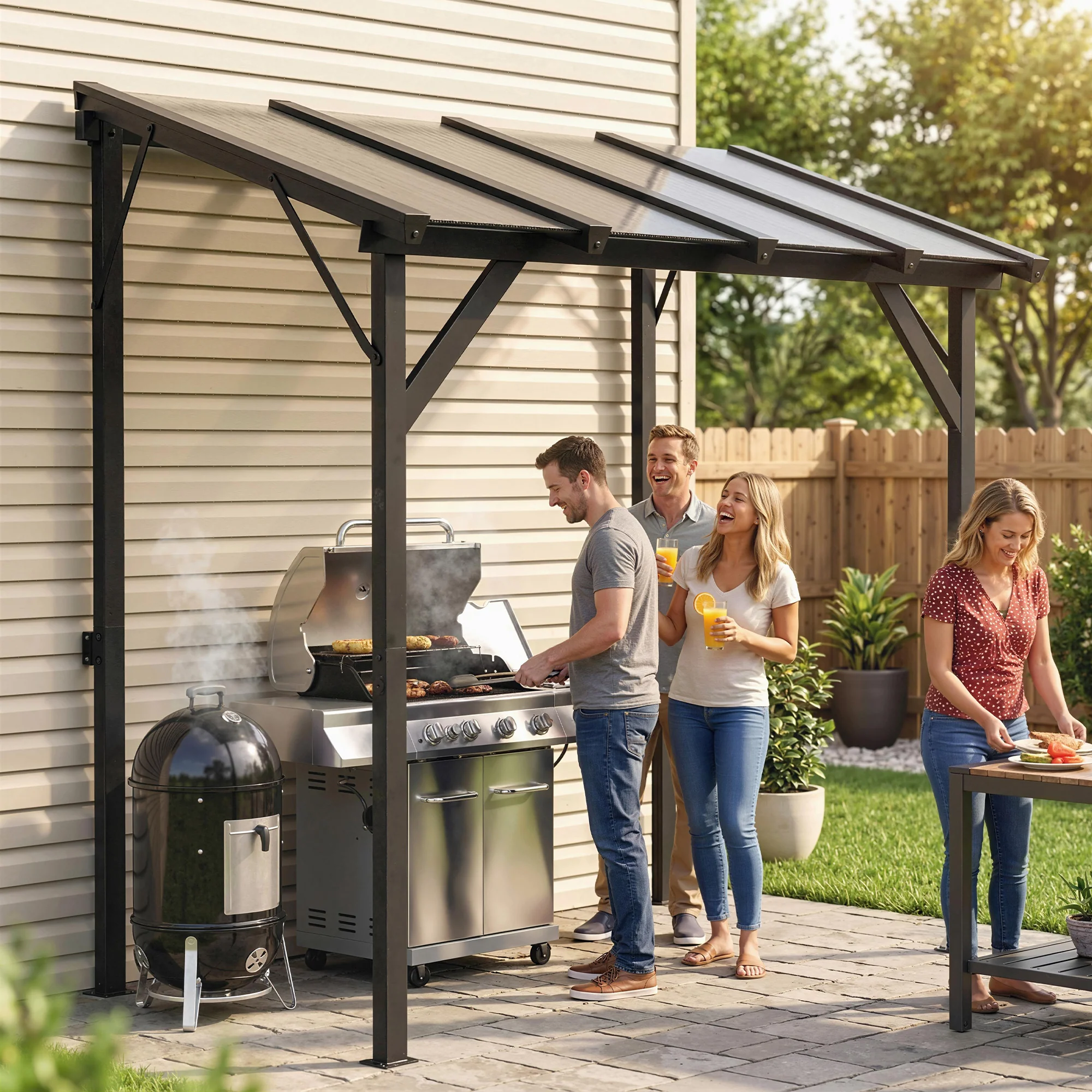 8' x 5' Hardtop Grill Gazebo, Lean-to BBQ Gazebo Shelter, Wall-Mounted Pergola with Polycarbonate Roof and Steel Frame, for Outdoor, Patio, Lawn, Garden, Patio, Backyard - Image 3