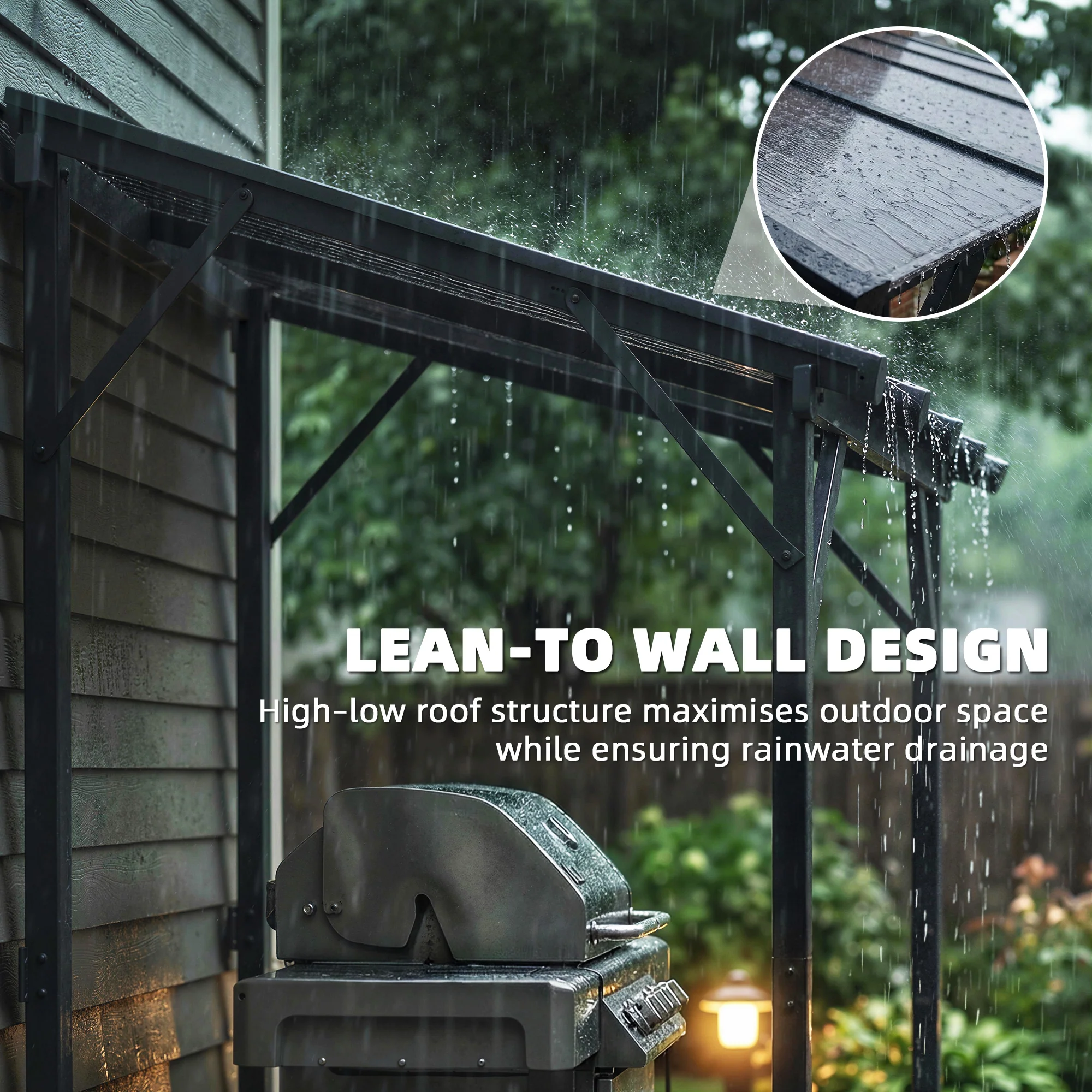 8' x 5' Hardtop Grill Gazebo, Lean-to BBQ Gazebo Shelter, Wall-Mounted Pergola with Polycarbonate Roof and Steel Frame, for Outdoor, Patio, Lawn, Garden, Patio, Backyard - Image 6