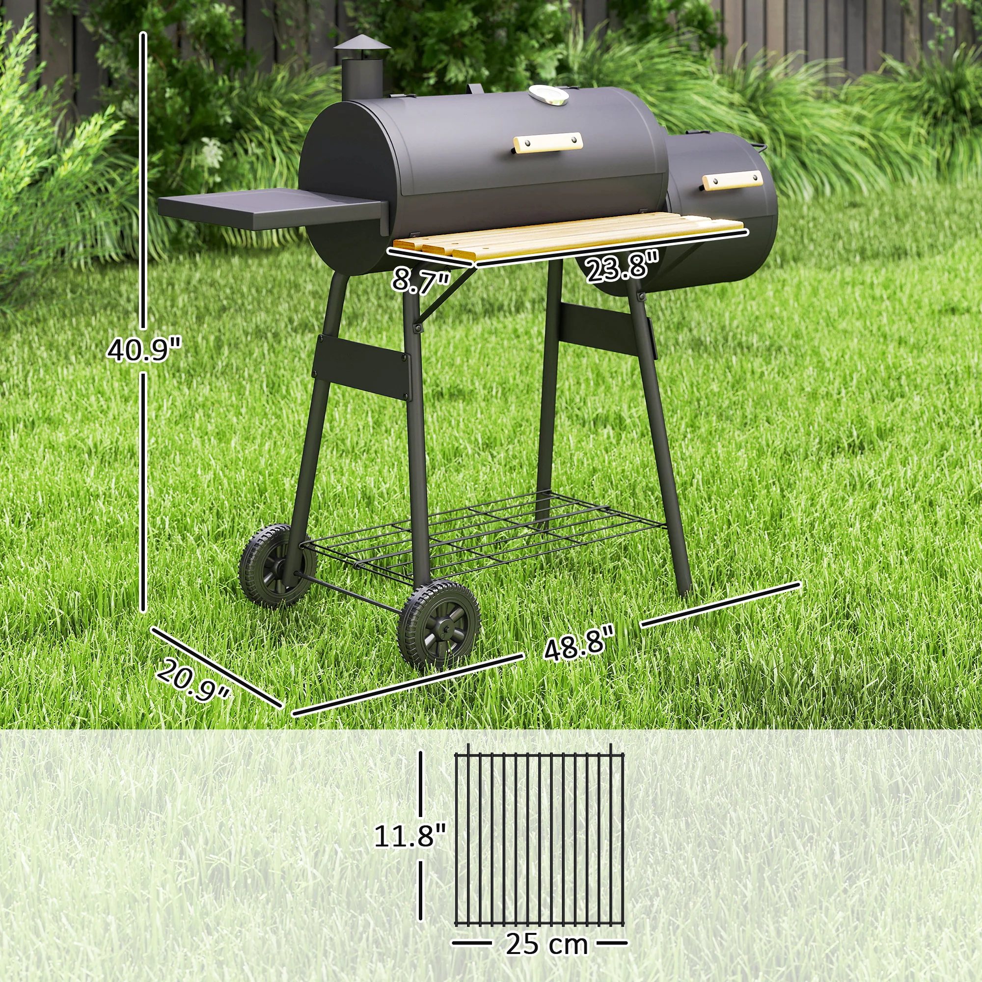Charcoal Grill with Offset Smoker, Side Tables, Shelf, Thermometer & Wheels - Image 5