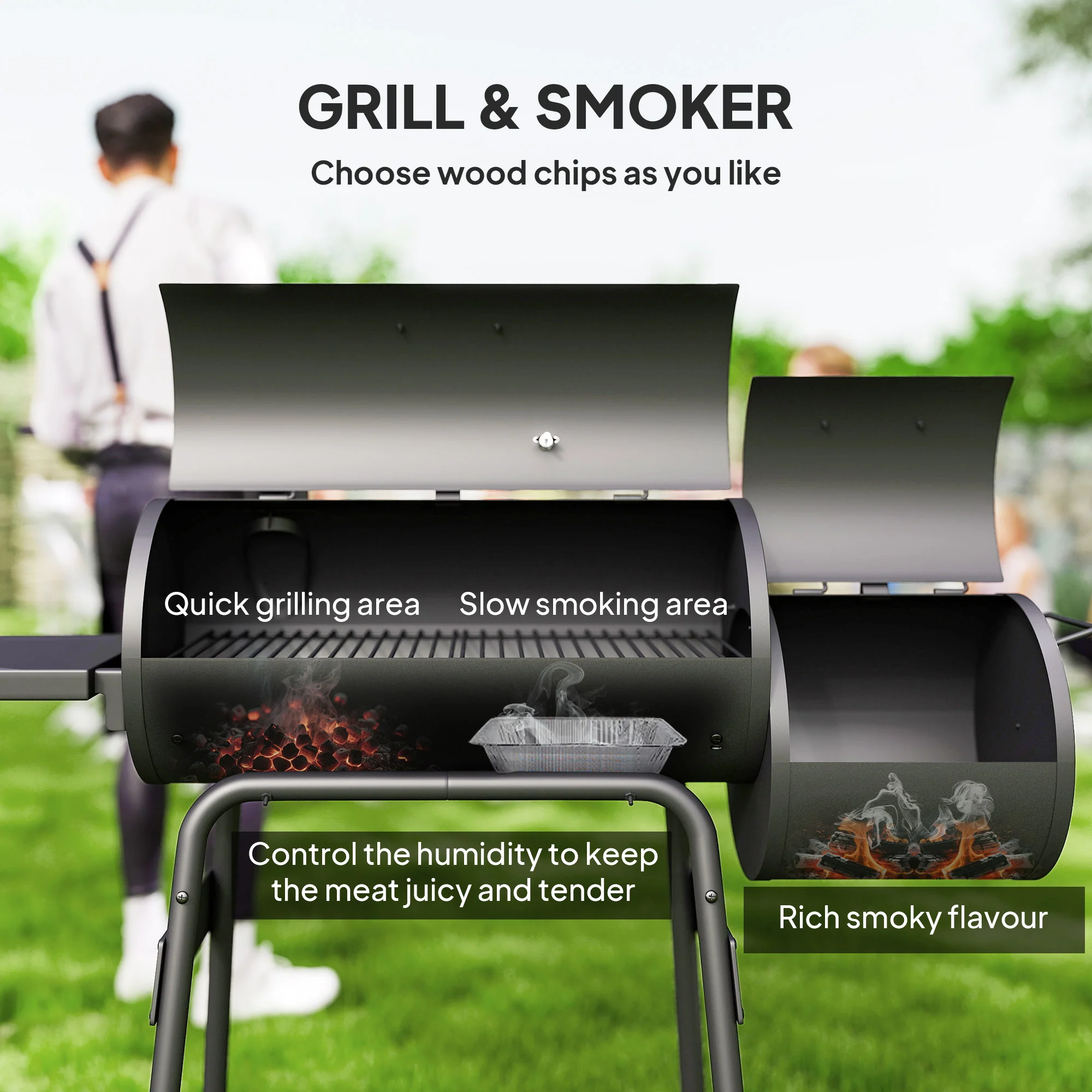 Charcoal Grill with Offset Smoker, Side Tables, Shelf, Thermometer & Wheels - Image 6