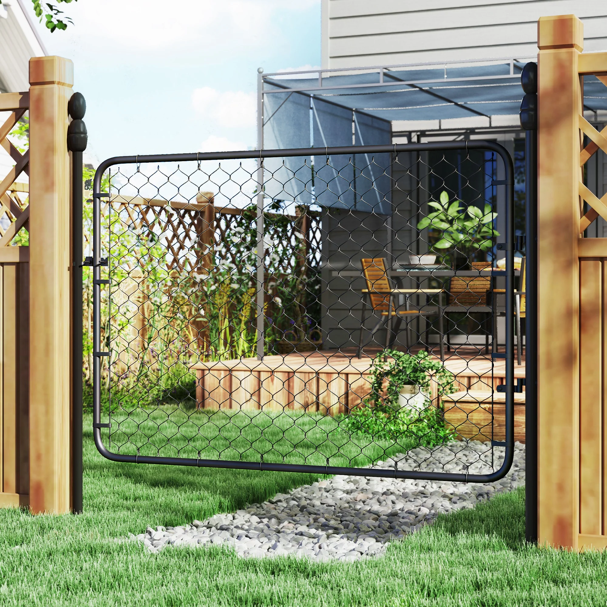 Garden Gate Chain Link Fence Gate, Galvanized Steel Garden Door for Yard Entrance Way, 26-71 in. W x 4 ft. H, Black - Image 3