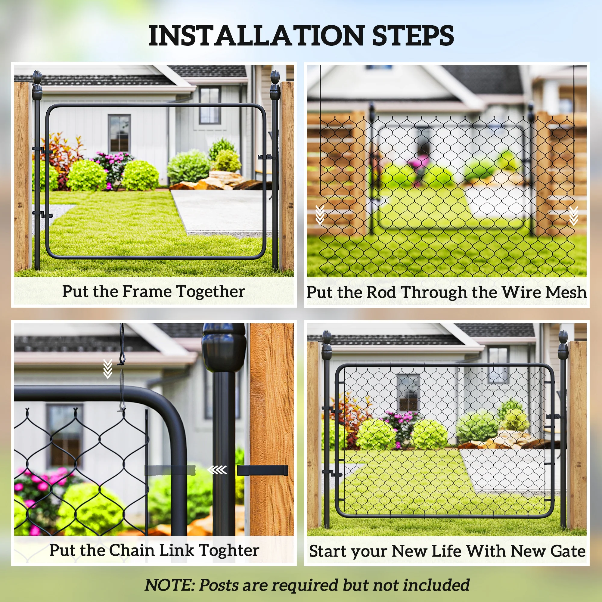 Garden Gate Chain Link Fence Gate, Galvanized Steel Garden Door for Yard Entrance Way, 26-71 in. W x 4 ft. H, Black - Image 8