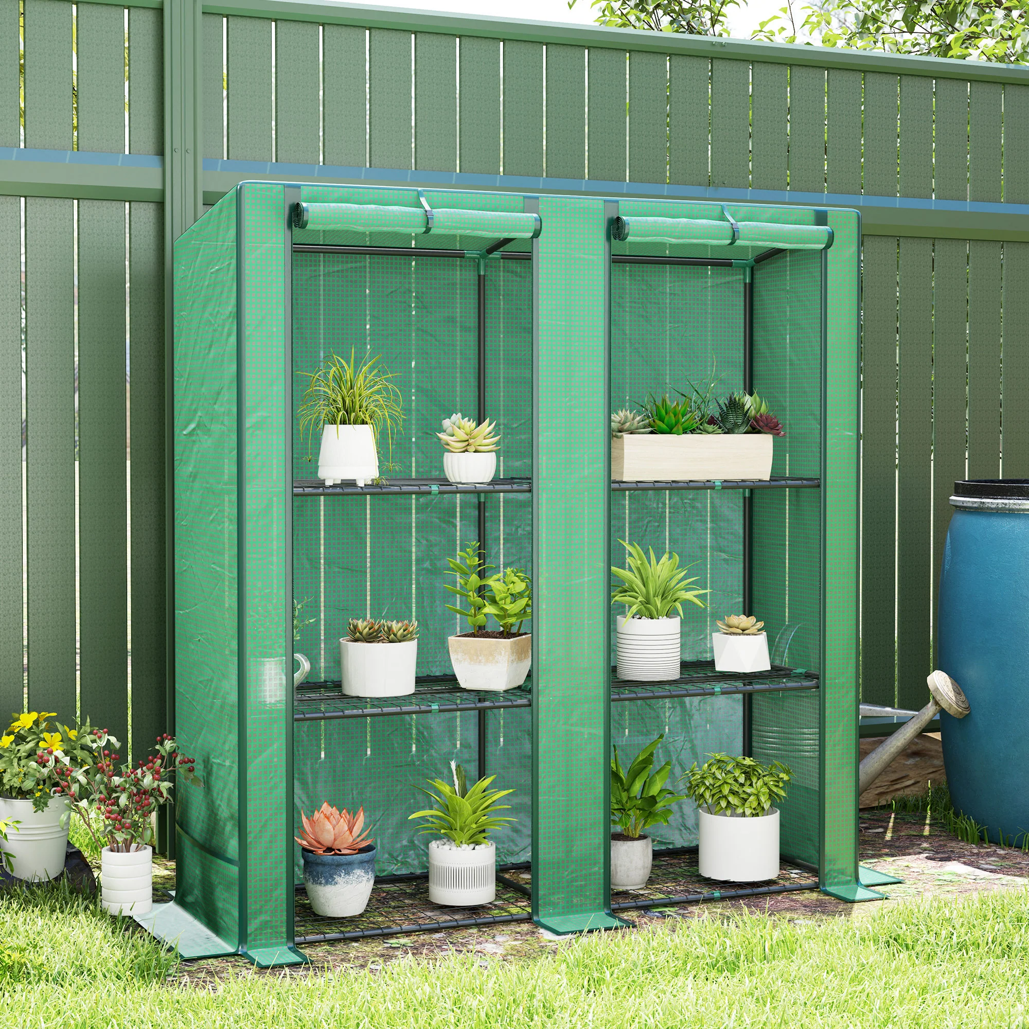 Portable Lean-to Greenhouse with Shelves & Roll-Up Doors - Image 4