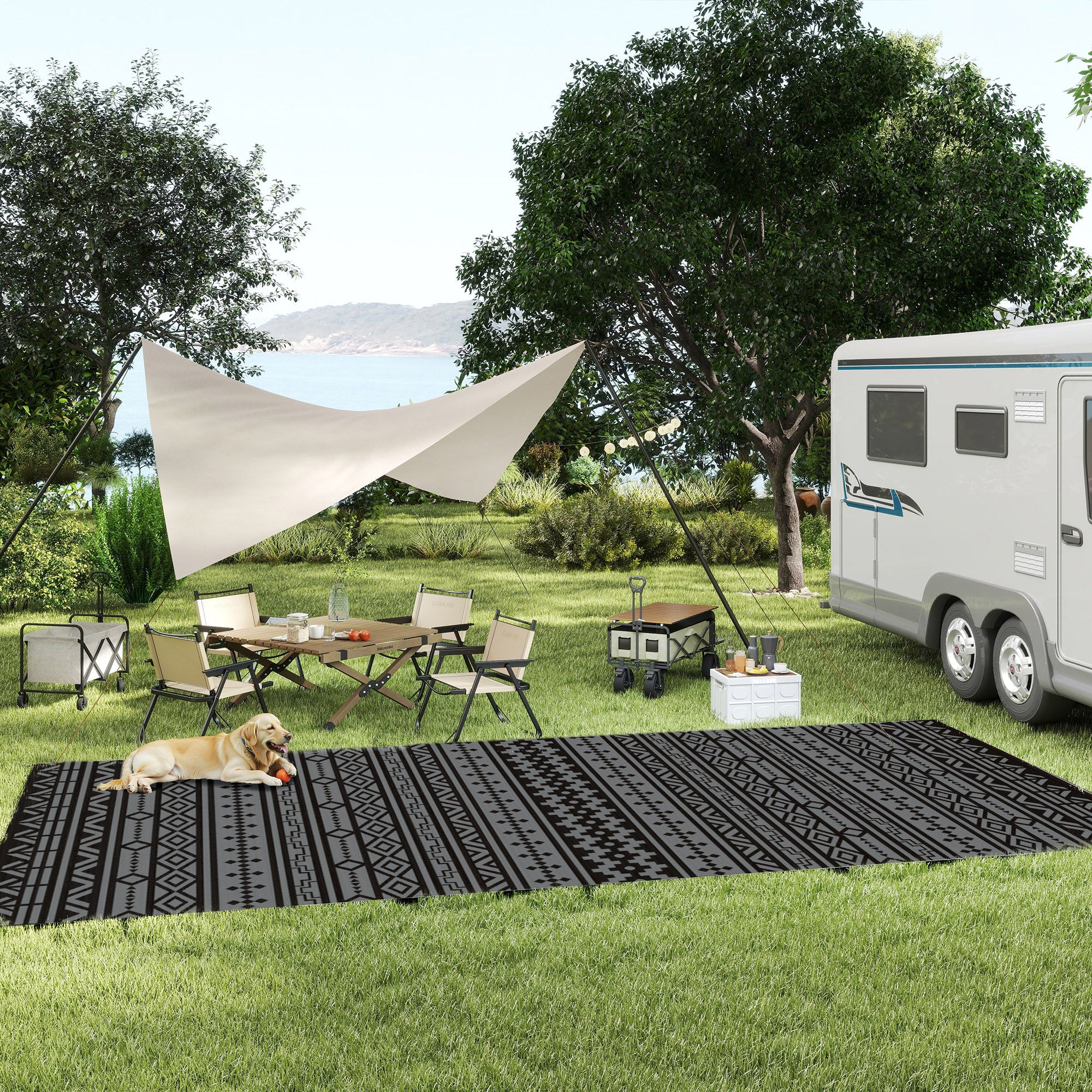 Outdoor Rug for Patio, 9' x 18' Waterproof Large Mat, Reversible Plastic Straw Rug for Decor, Portable Outside RV Camping Area Carpet Mat for Backyard Porch Deck Picnic, Black Gray Geometric - Image 10