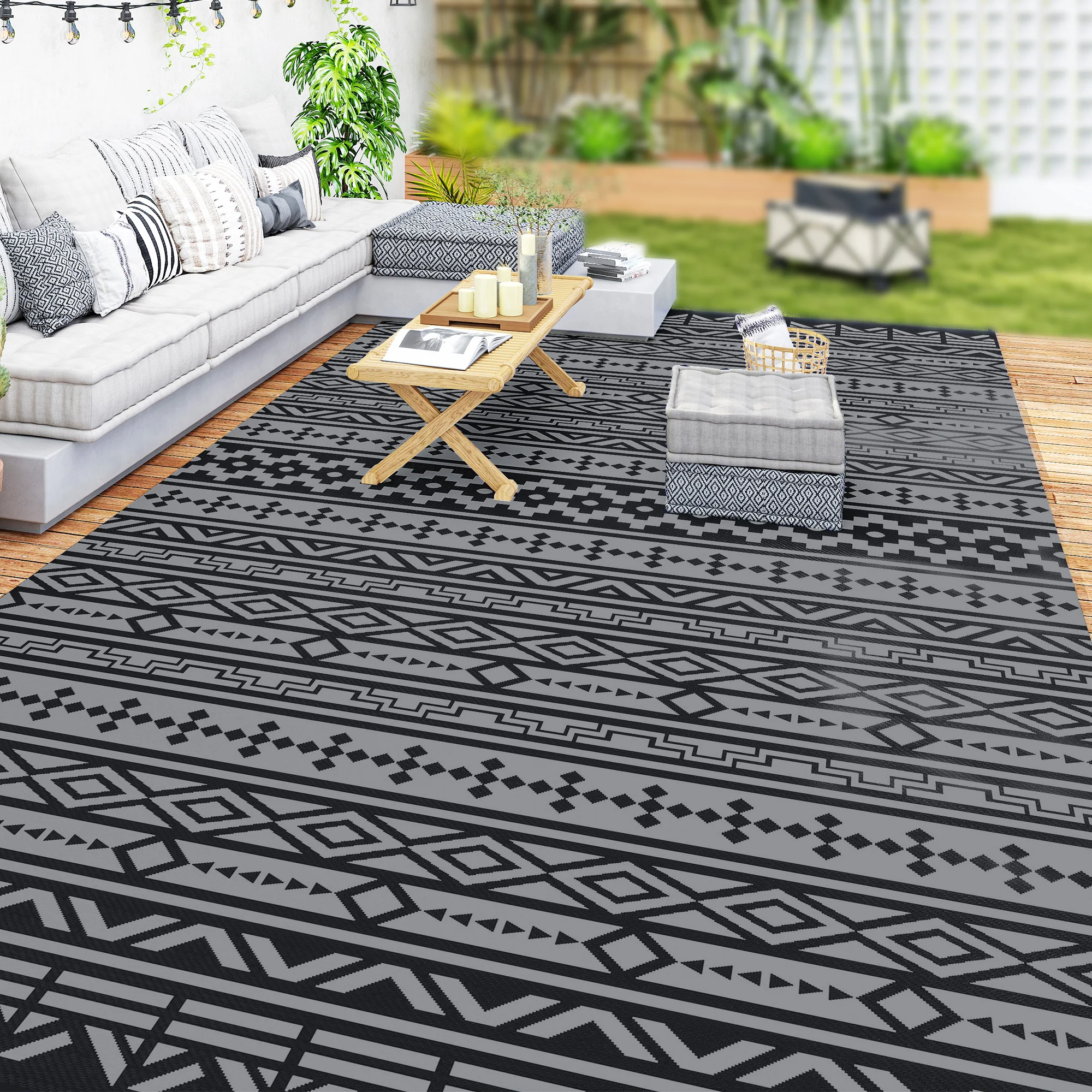 Outdoor Rug for Patio, 9' x 18' Waterproof Large Mat, Reversible Plastic Straw Rug for Decor, Portable Outside RV Camping Area Carpet Mat for Backyard Porch Deck Picnic, Black Gray Geometric - Image 4