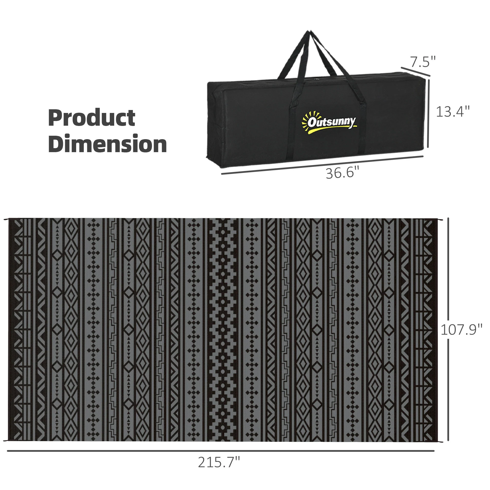 Outdoor Rug for Patio, 9' x 18' Waterproof Large Mat, Reversible Plastic Straw Rug for Decor, Portable Outside RV Camping Area Carpet Mat for Backyard Porch Deck Picnic, Black Gray Geometric - Image 5