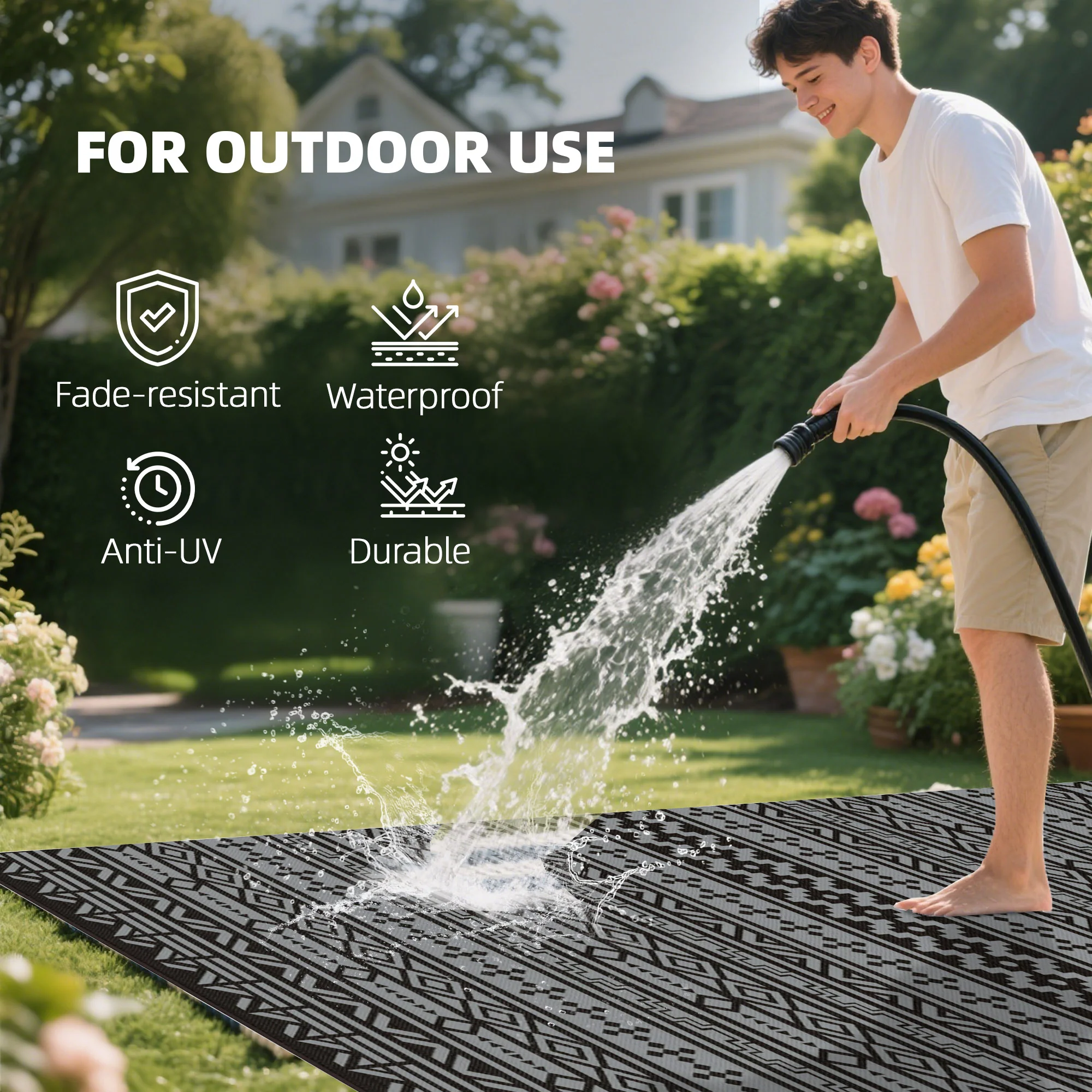 Outdoor Rug for Patio, 9' x 18' Waterproof Large Mat, Reversible Plastic Straw Rug for Decor, Portable Outside RV Camping Area Carpet Mat for Backyard Porch Deck Picnic, Black Gray Geometric - Image 8