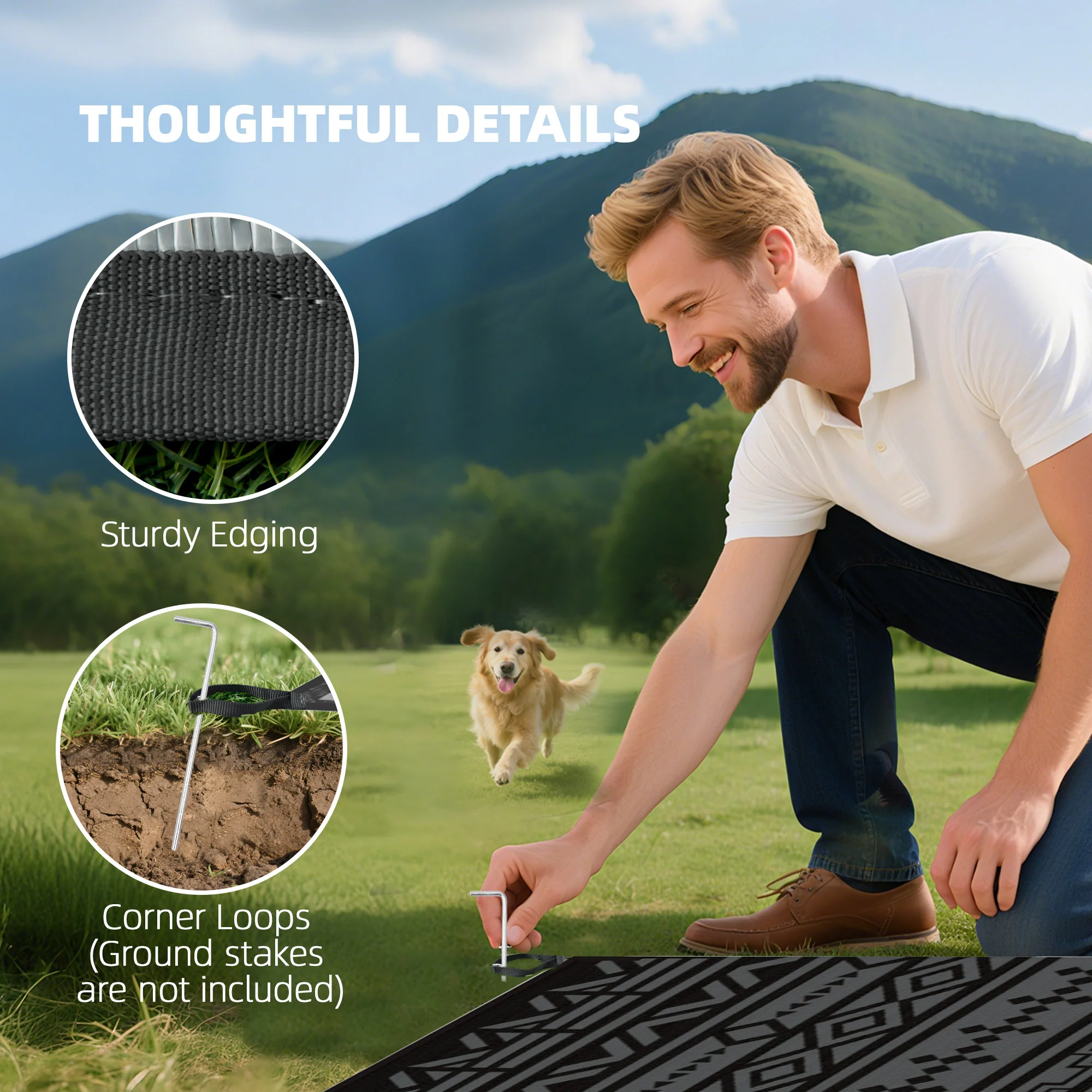 Outdoor Rug for Patio, 9' x 18' Waterproof Large Mat, Reversible Plastic Straw Rug for Decor, Portable Outside RV Camping Area Carpet Mat for Backyard Porch Deck Picnic, Black Gray Geometric - Image 9