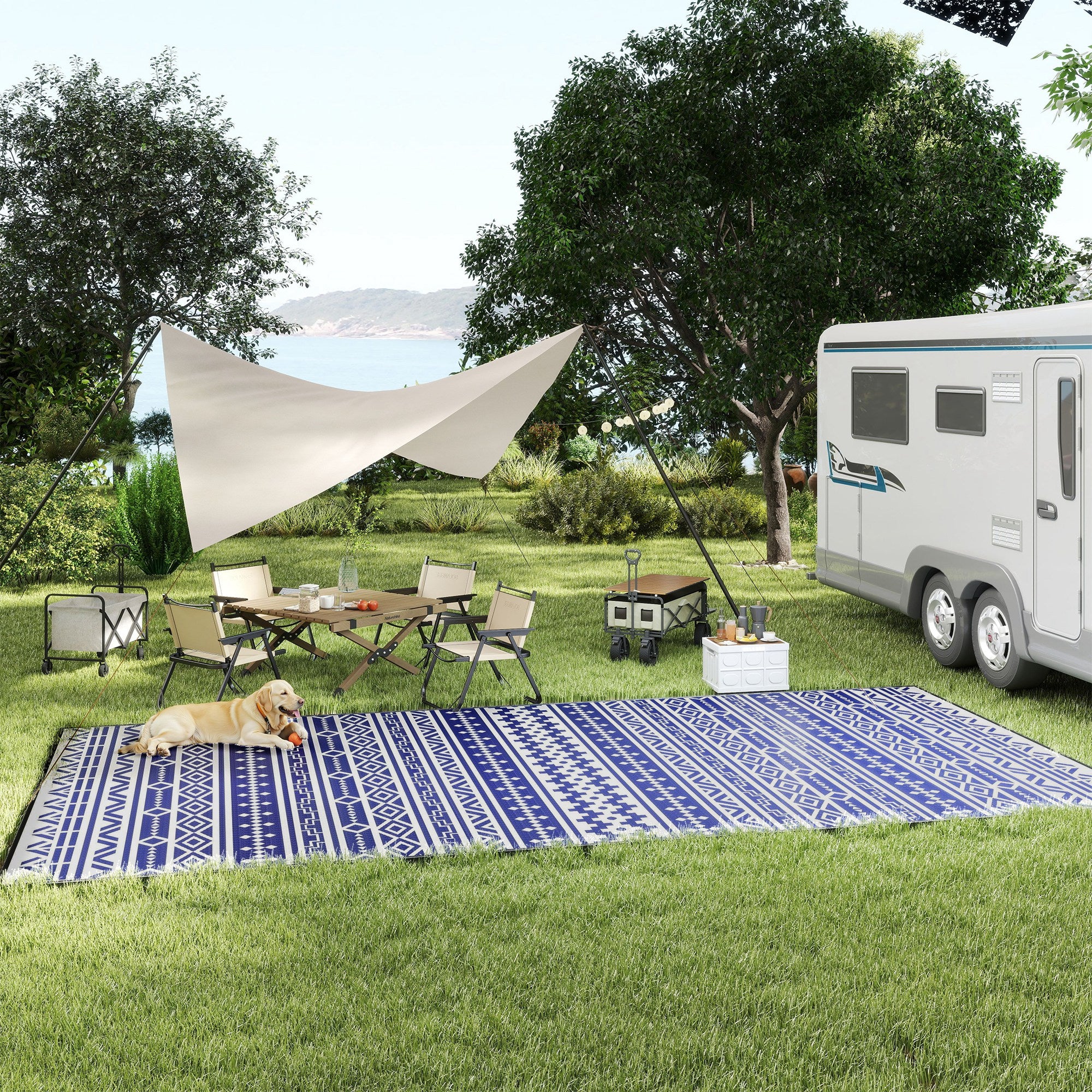 Outdoor Rug for Patio, 9' x 18' Waterproof Large Mat, Reversible Plastic Straw Rug for Decor, Portable Outside RV Camping Area Carpet Mat for Backyard Porch Deck Picnic, Blue White Geometric - Image 10