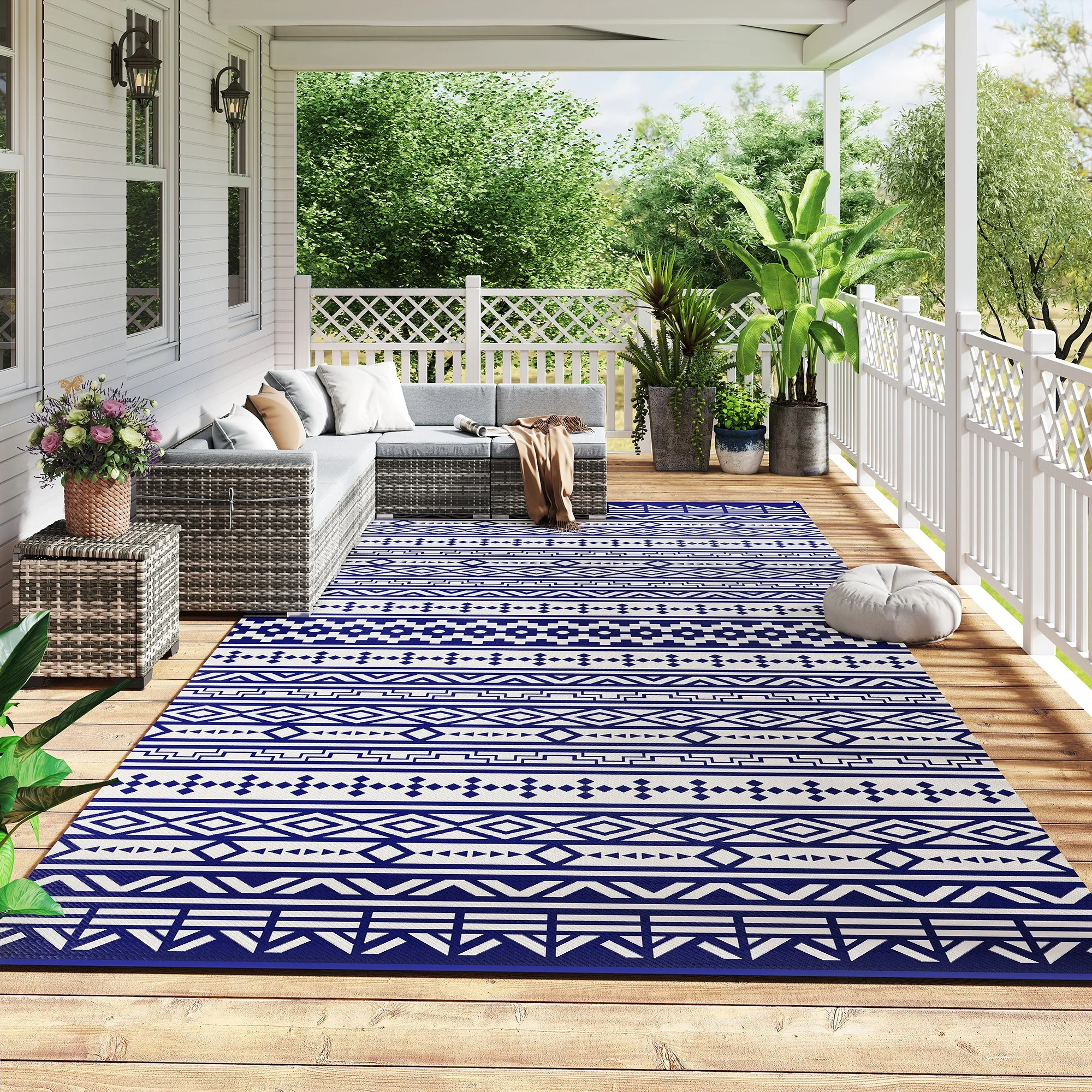 Outdoor Rug for Patio, 9' x 18' Waterproof Large Mat, Reversible Plastic Straw Rug for Decor, Portable Outside RV Camping Area Carpet Mat for Backyard Porch Deck Picnic, Blue White Geometric - Image 3