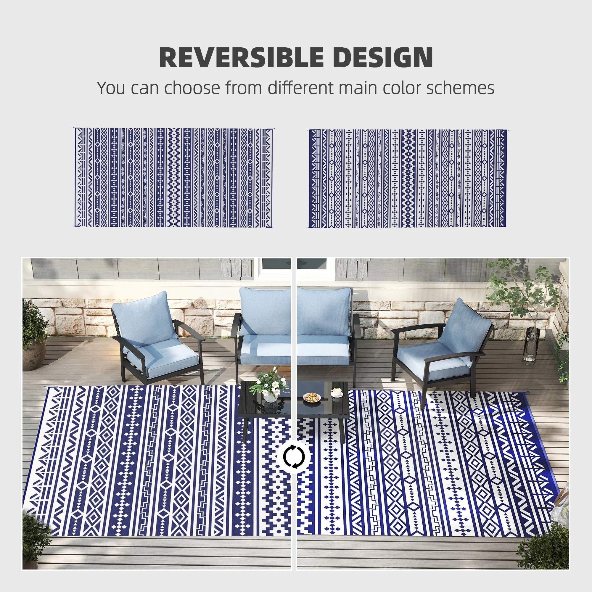 Outdoor Rug for Patio, 9' x 18' Waterproof Large Mat, Reversible Plastic Straw Rug for Decor, Portable Outside RV Camping Area Carpet Mat for Backyard Porch Deck Picnic, Blue White Geometric - Image 6