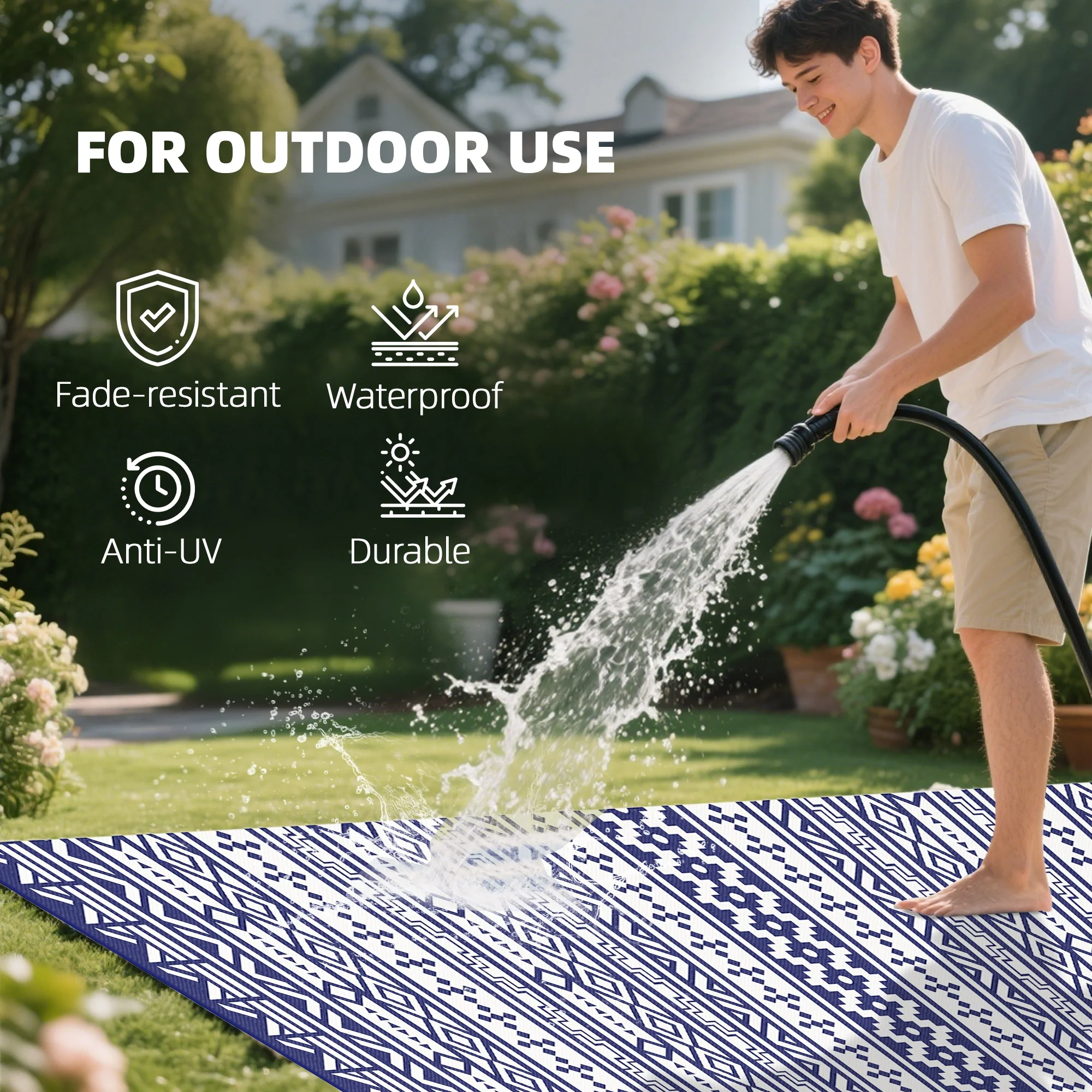 Outdoor Rug for Patio, 9' x 18' Waterproof Large Mat, Reversible Plastic Straw Rug for Decor, Portable Outside RV Camping Area Carpet Mat for Backyard Porch Deck Picnic, Blue White Geometric - Image 8