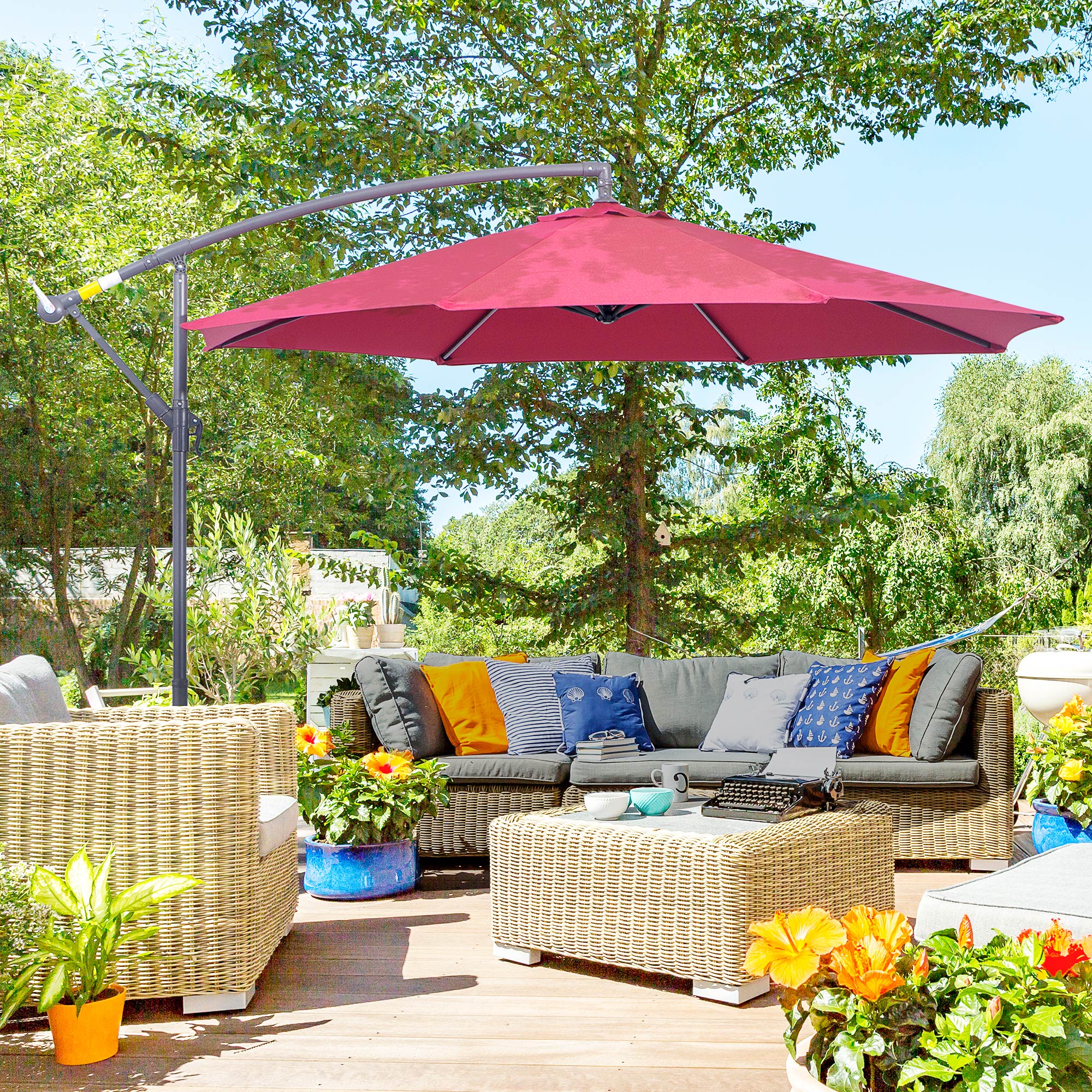 10' Cantilever Hanging Umbrella with UV/Water-Resistant Fabric & Cross Base - Red - Image 3