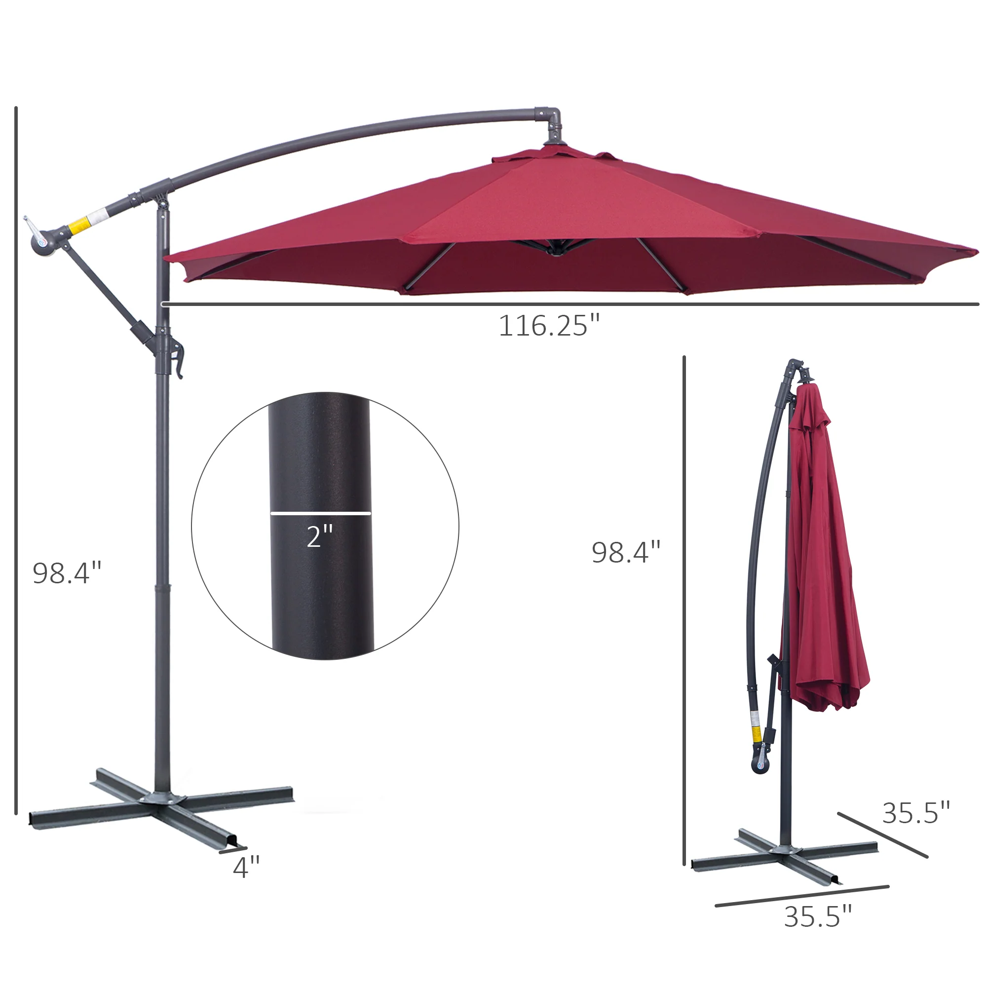 10' Cantilever Hanging Umbrella with UV/Water-Resistant Fabric & Cross Base - Red - Image 4