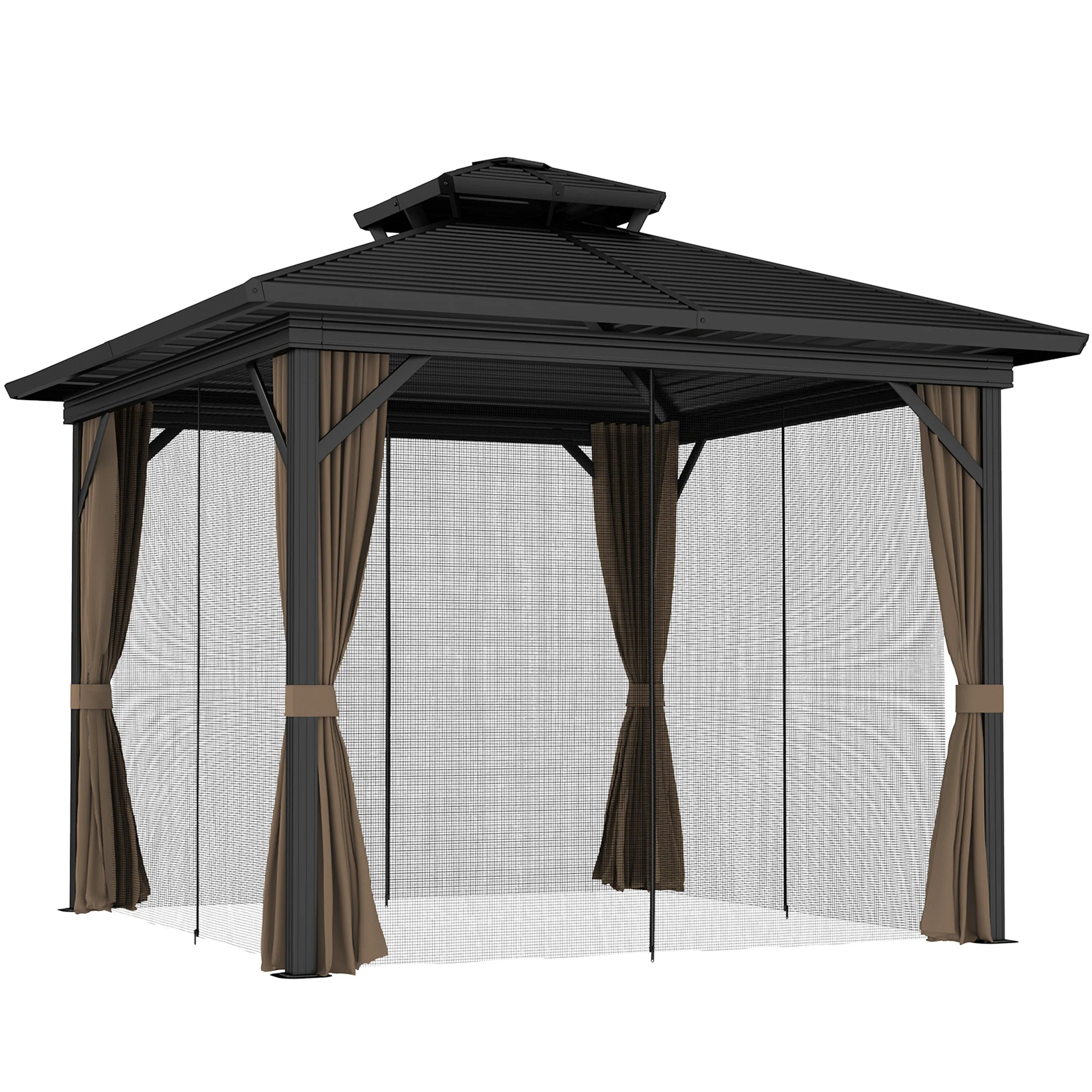 10' x 10' Hardtop Gazebo with Aluminum Frame, Doublel Roof & Curtains, Dark Brown - Image 12