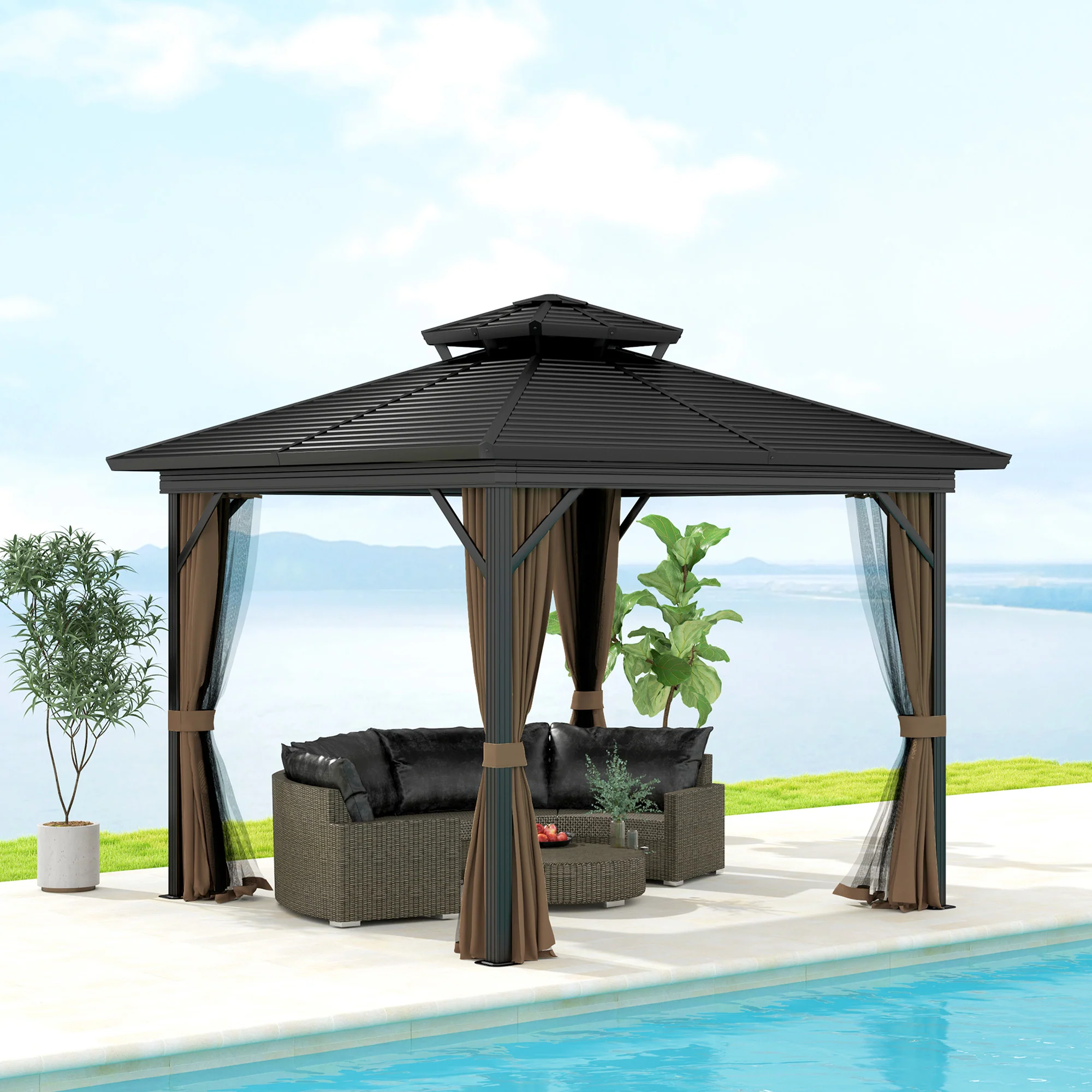 10' x 10' Hardtop Gazebo with Aluminum Frame, Doublel Roof & Curtains, Dark Brown - Image 3