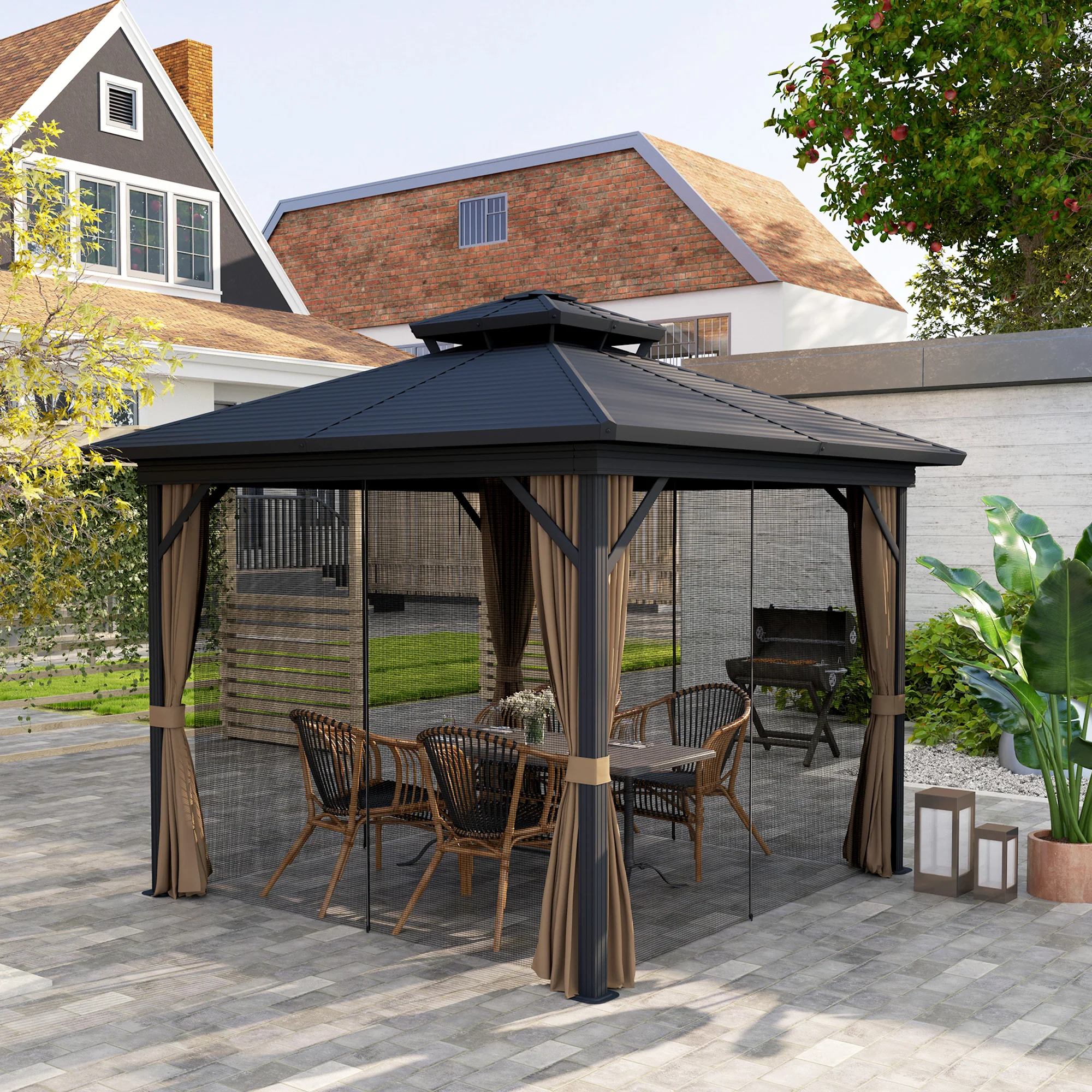 10' x 10' Hardtop Gazebo with Aluminum Frame, Doublel Roof & Curtains, Dark Brown - Image 4