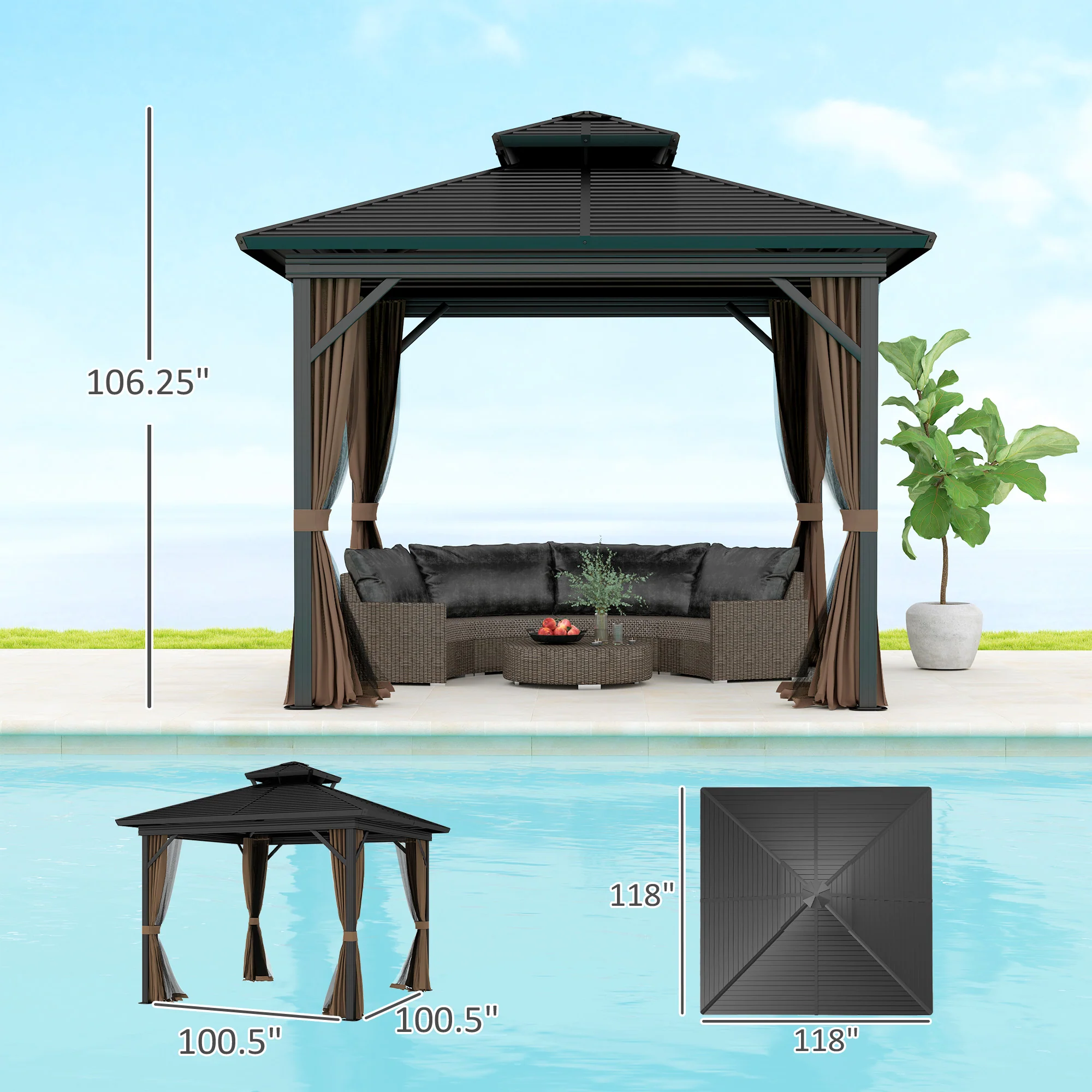 10' x 10' Hardtop Gazebo with Aluminum Frame, Doublel Roof & Curtains, Dark Brown - Image 5