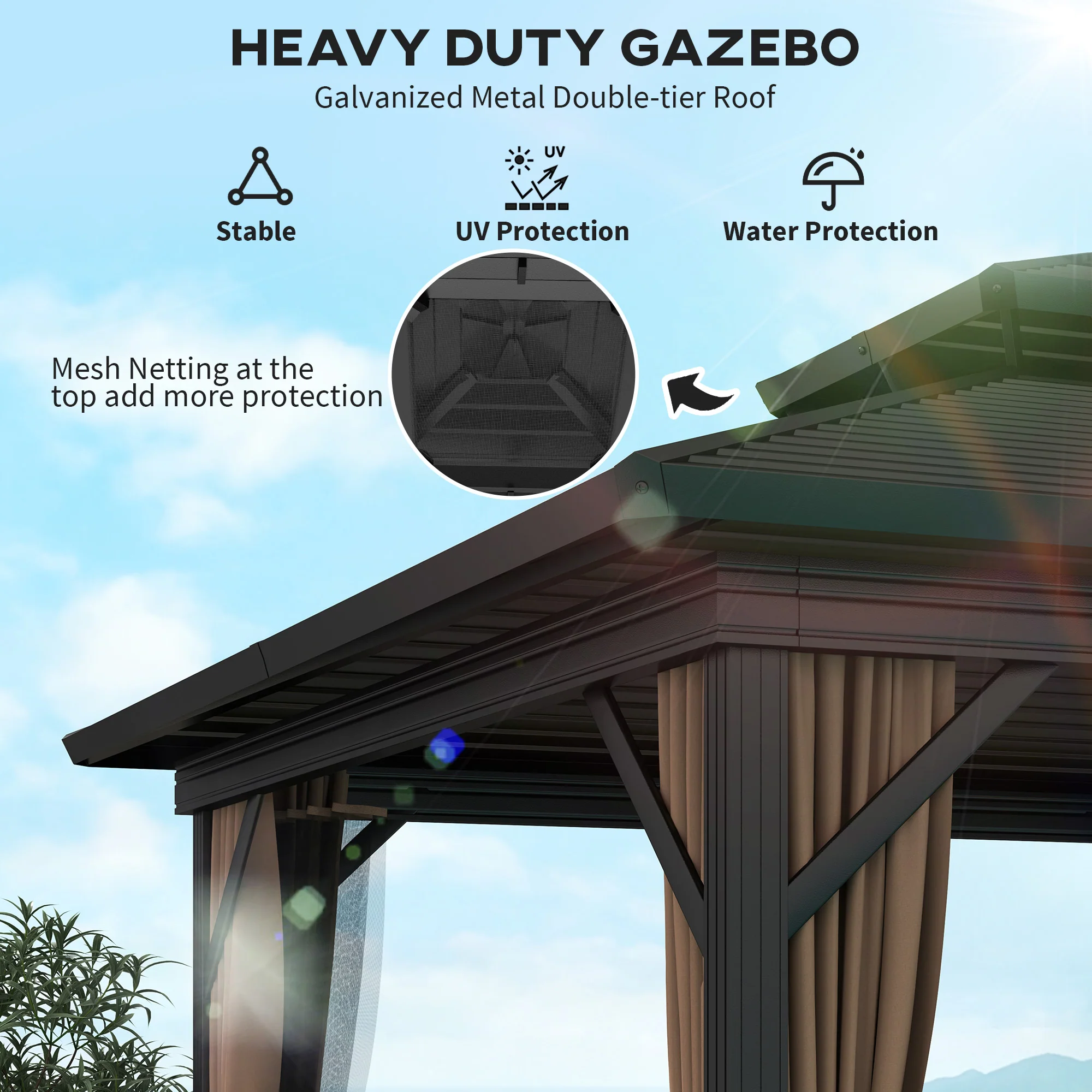 10' x 10' Hardtop Gazebo with Aluminum Frame, Doublel Roof & Curtains, Dark Brown - Image 6