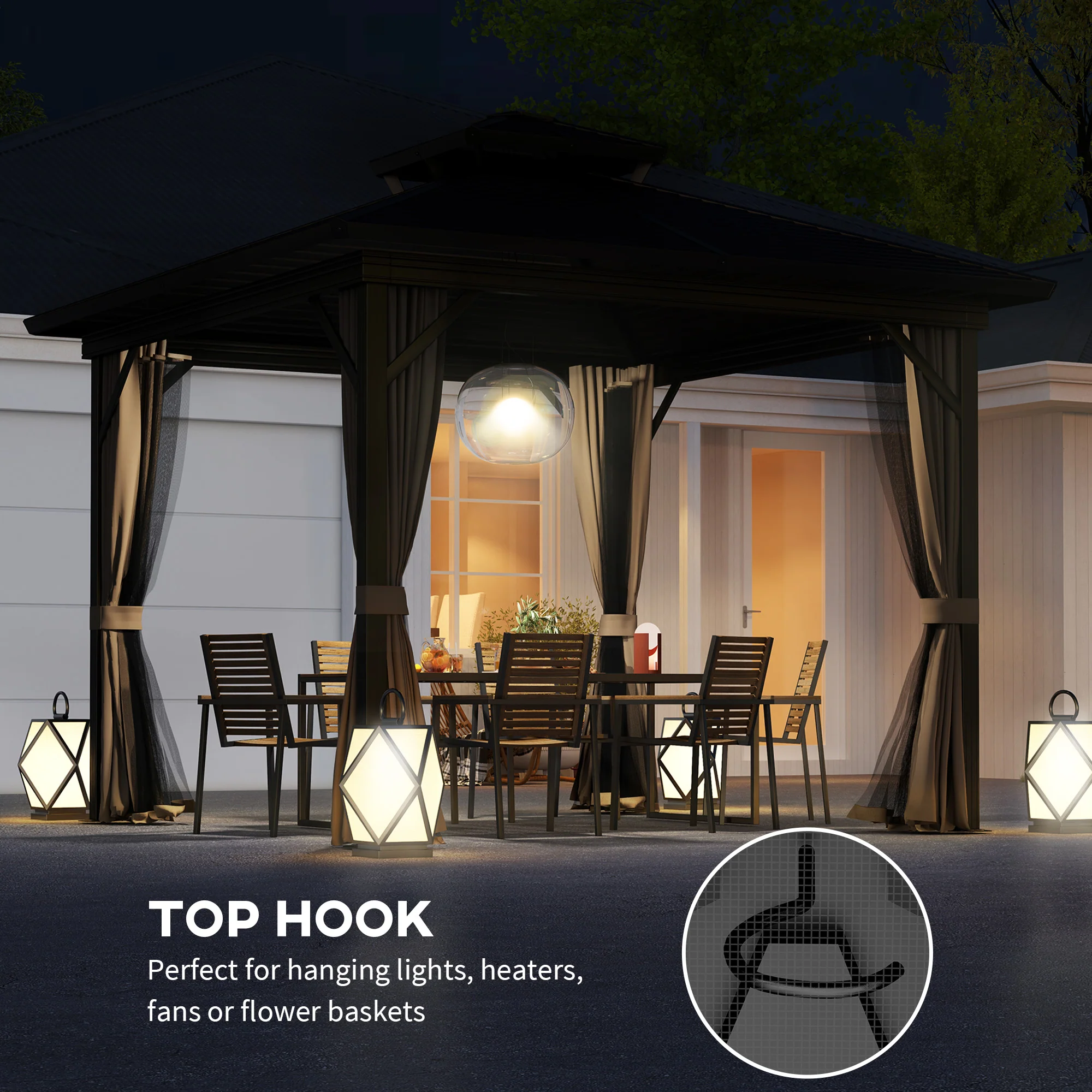 10' x 10' Hardtop Gazebo with Aluminum Frame, Doublel Roof & Curtains, Dark Brown - Image 7