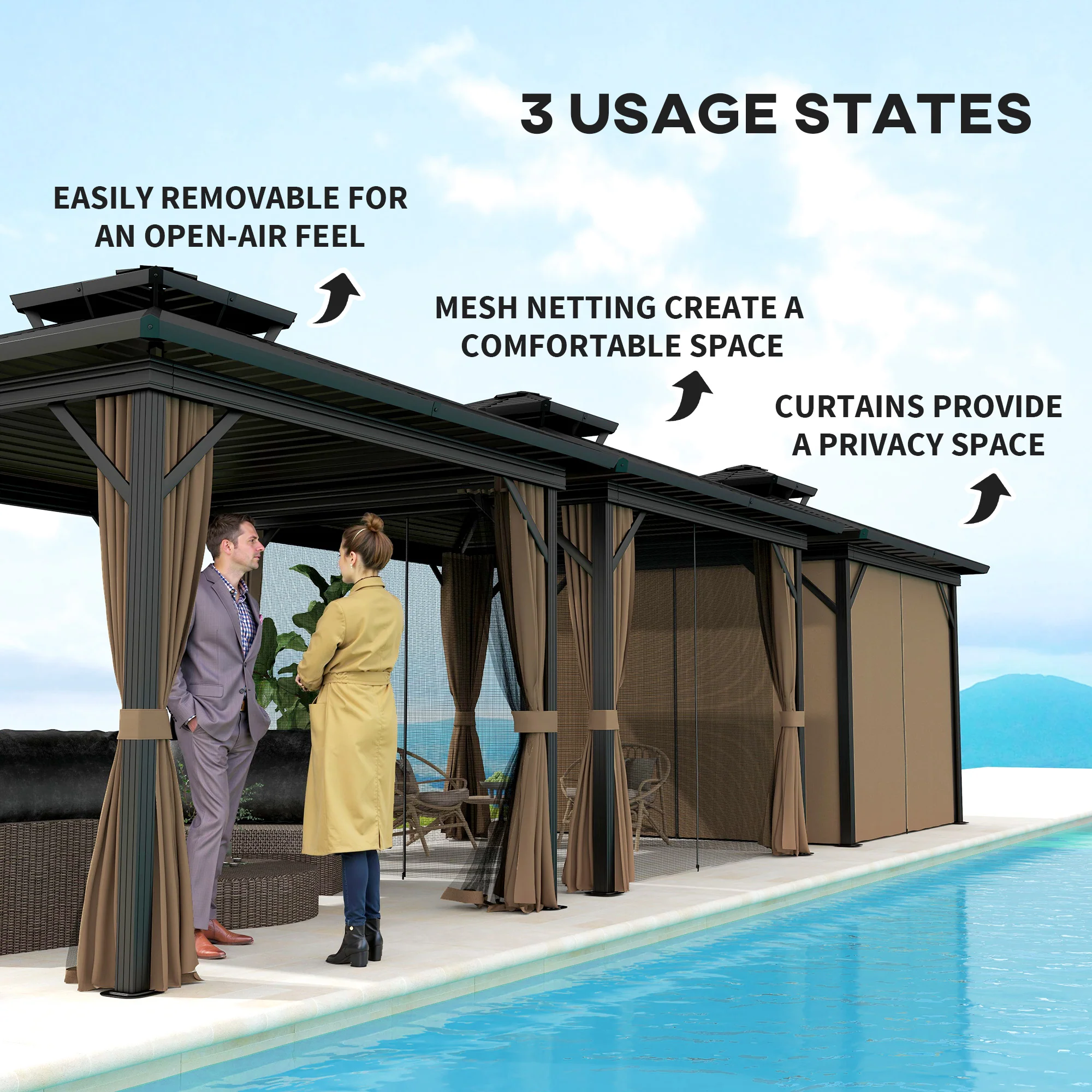 10' x 10' Hardtop Gazebo with Aluminum Frame, Doublel Roof & Curtains, Dark Brown - Image 9