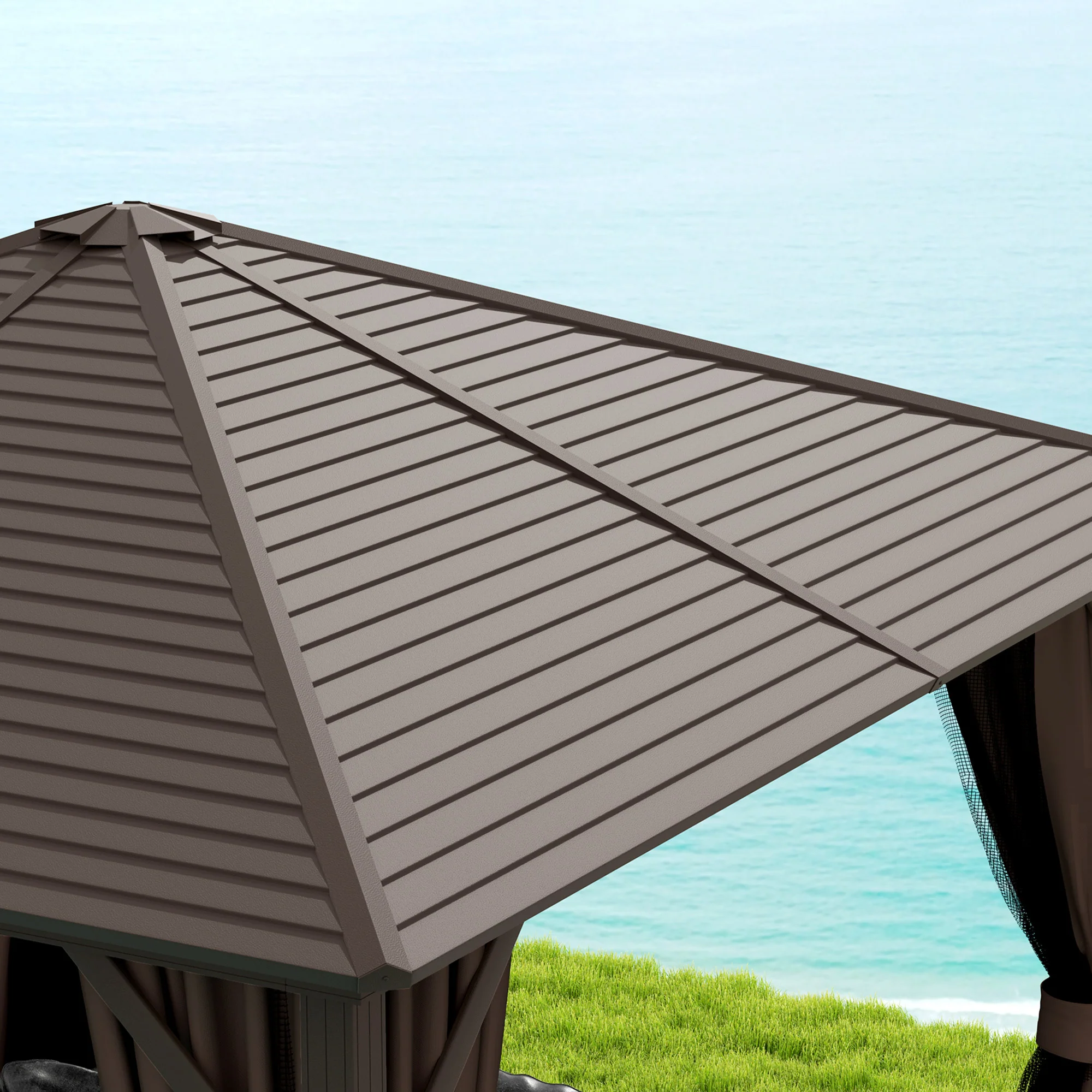 10' x 10' Hardtop Gazebo with Aluminum Frame & Curtains, Dark Brown - Image 10