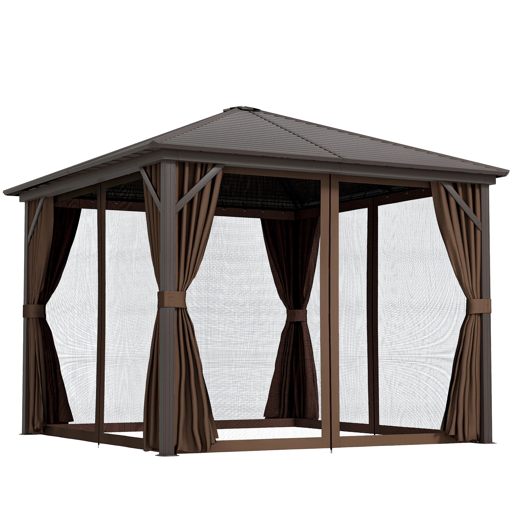 10' x 10' Hardtop Gazebo with Aluminum Frame & Curtains, Dark Brown - Image 12