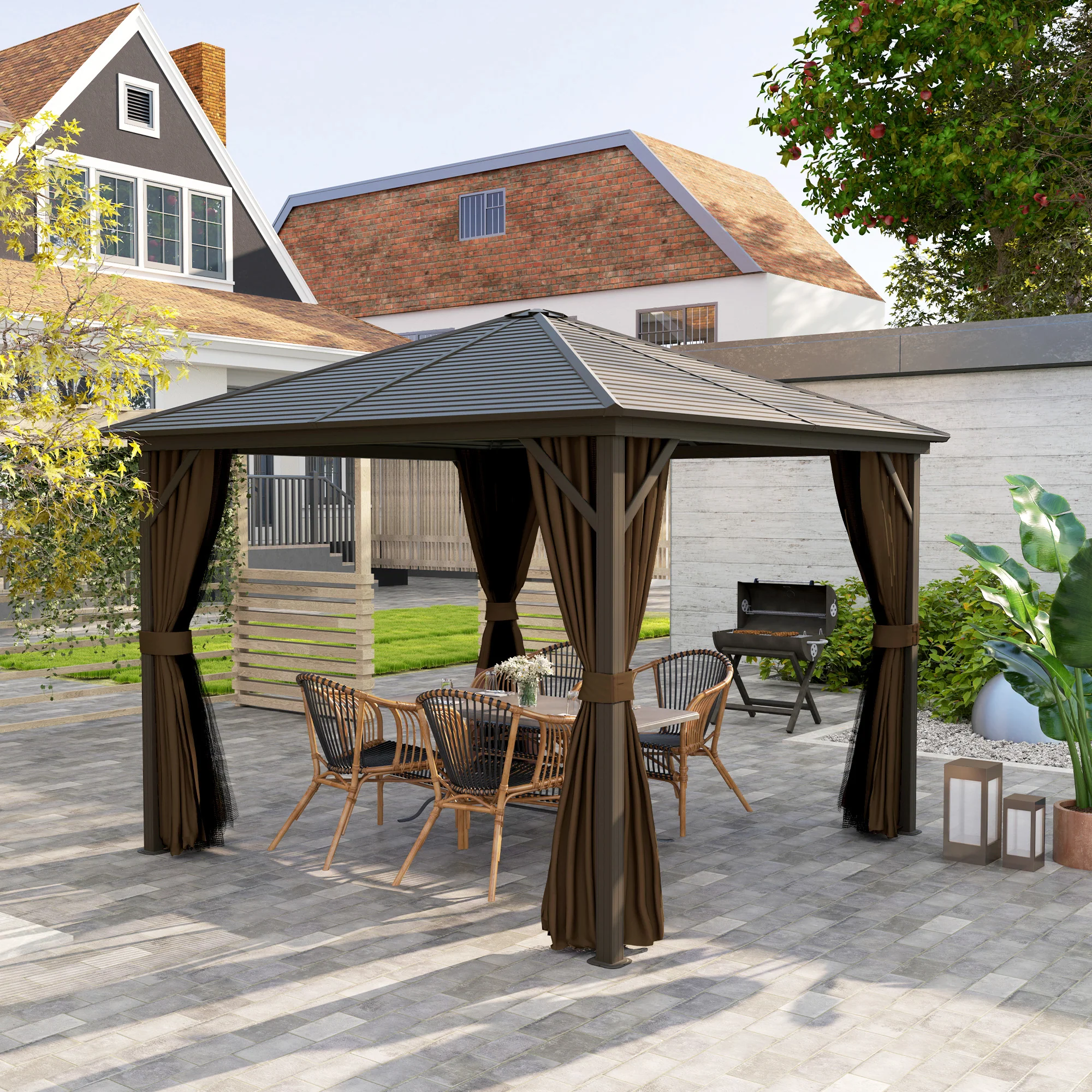 10' x 10' Hardtop Gazebo with Aluminum Frame & Curtains, Dark Brown - Image 4