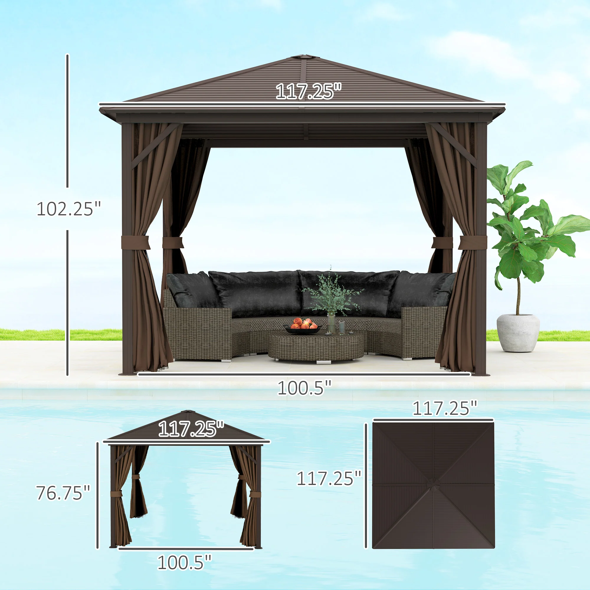 10' x 10' Hardtop Gazebo with Aluminum Frame & Curtains, Dark Brown - Image 5