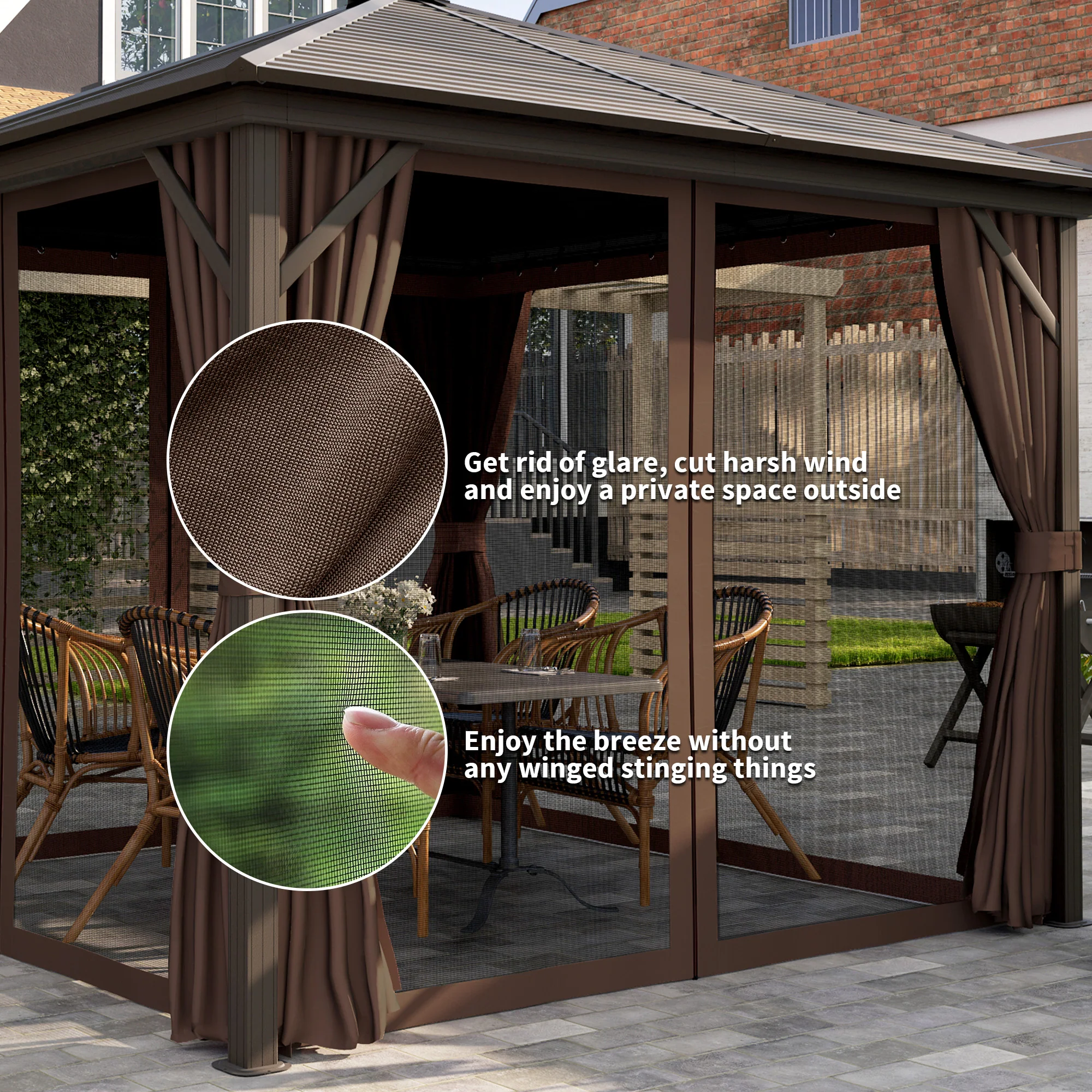 10' x 10' Hardtop Gazebo with Aluminum Frame & Curtains, Dark Brown - Image 7