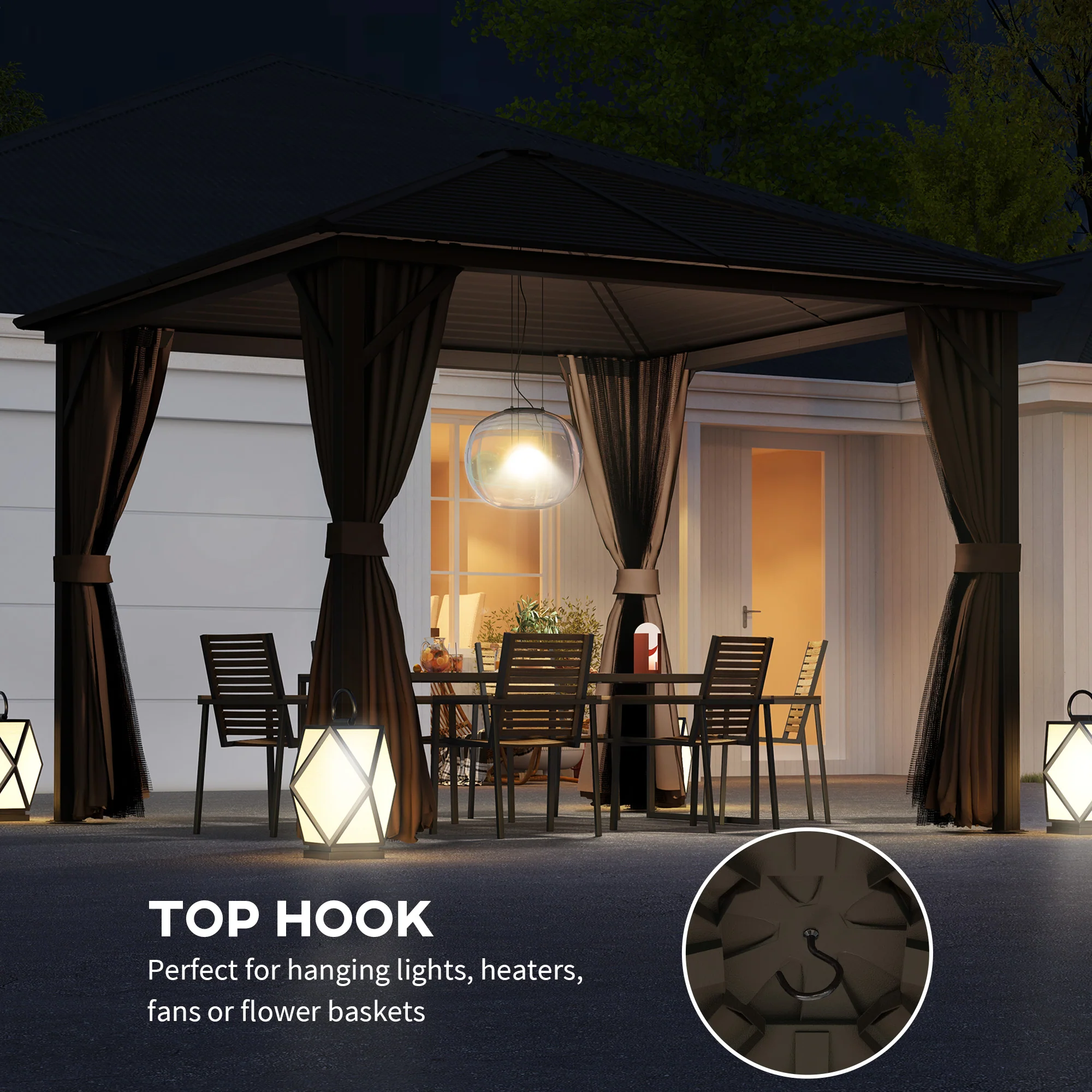 10' x 10' Hardtop Gazebo with Aluminum Frame & Curtains, Dark Brown - Image 8