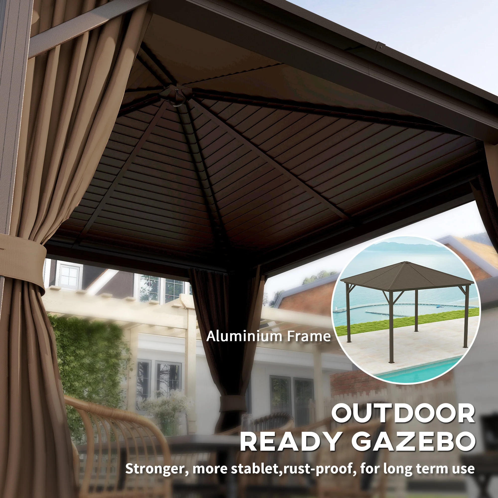 10' x 10' Hardtop Gazebo with Aluminum Frame & Curtains, Dark Brown - Image 9