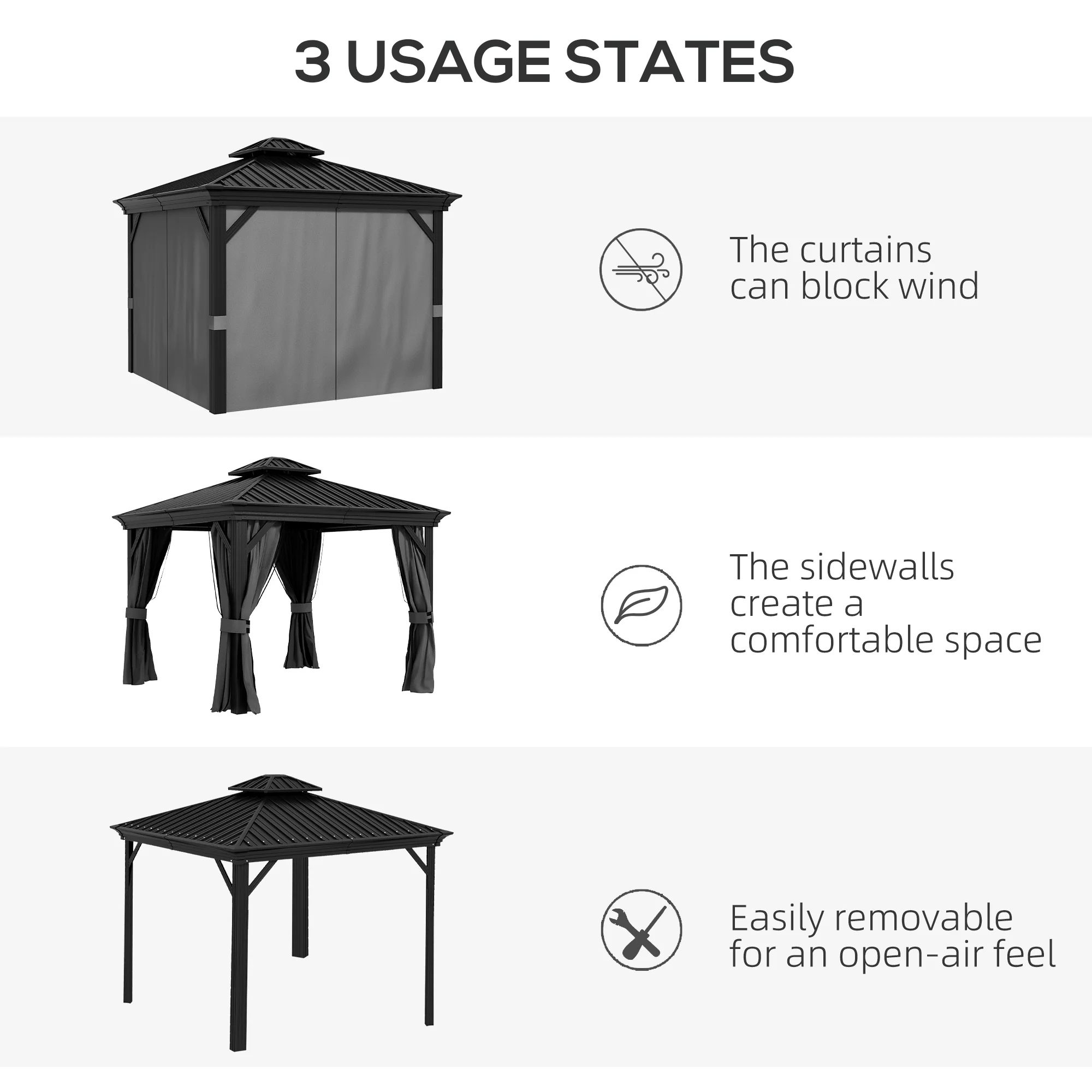 10' x 10' Hardtop Pavilion Gazebo with Curtains, Nettings, Aluminum Frame, Hooks, Light Gray - Image 10